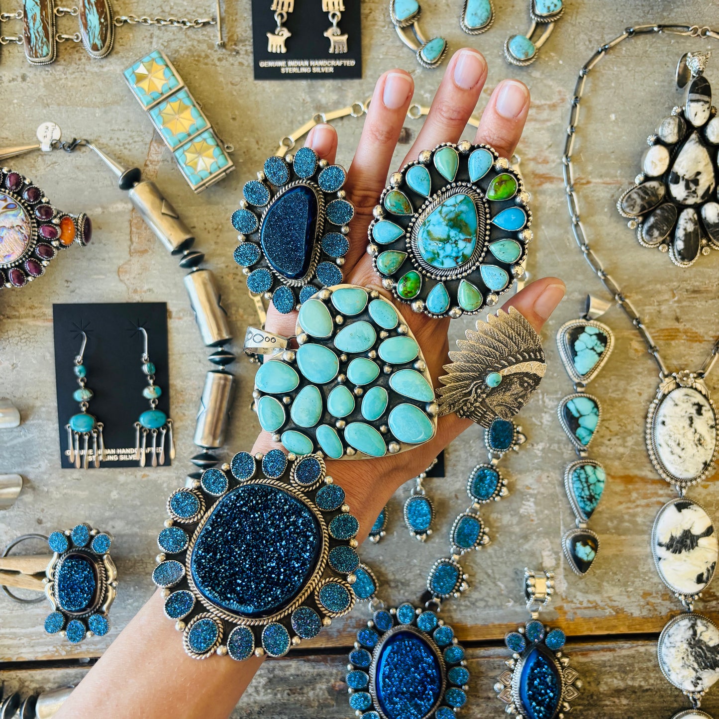 Navajo Glenn Livingston Sterling Silver & Mixed Turquoise Cluster Ring