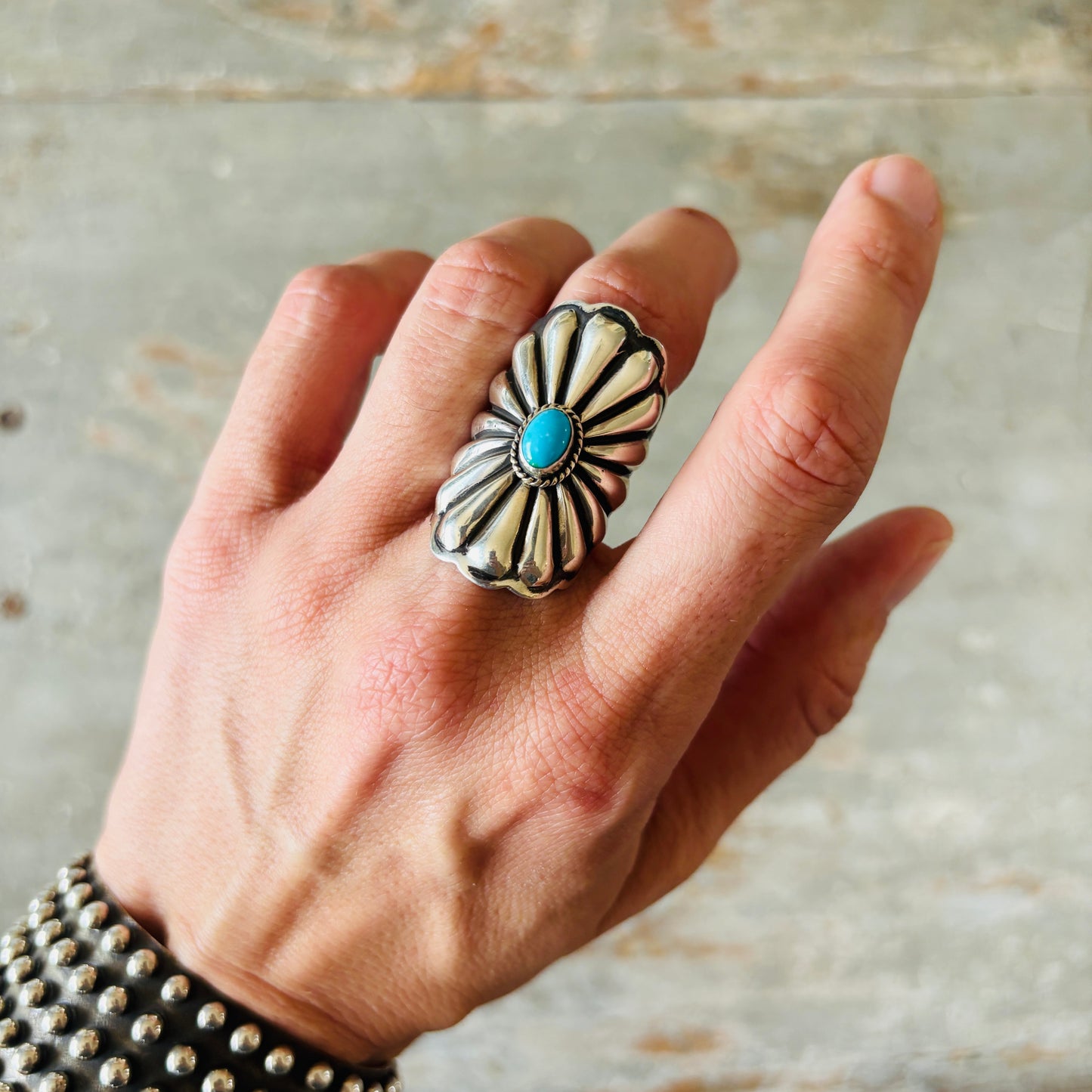 Navajo Darrell Cadman Sterling Silver & Sleeping Beauty Turquoise Concho Ring