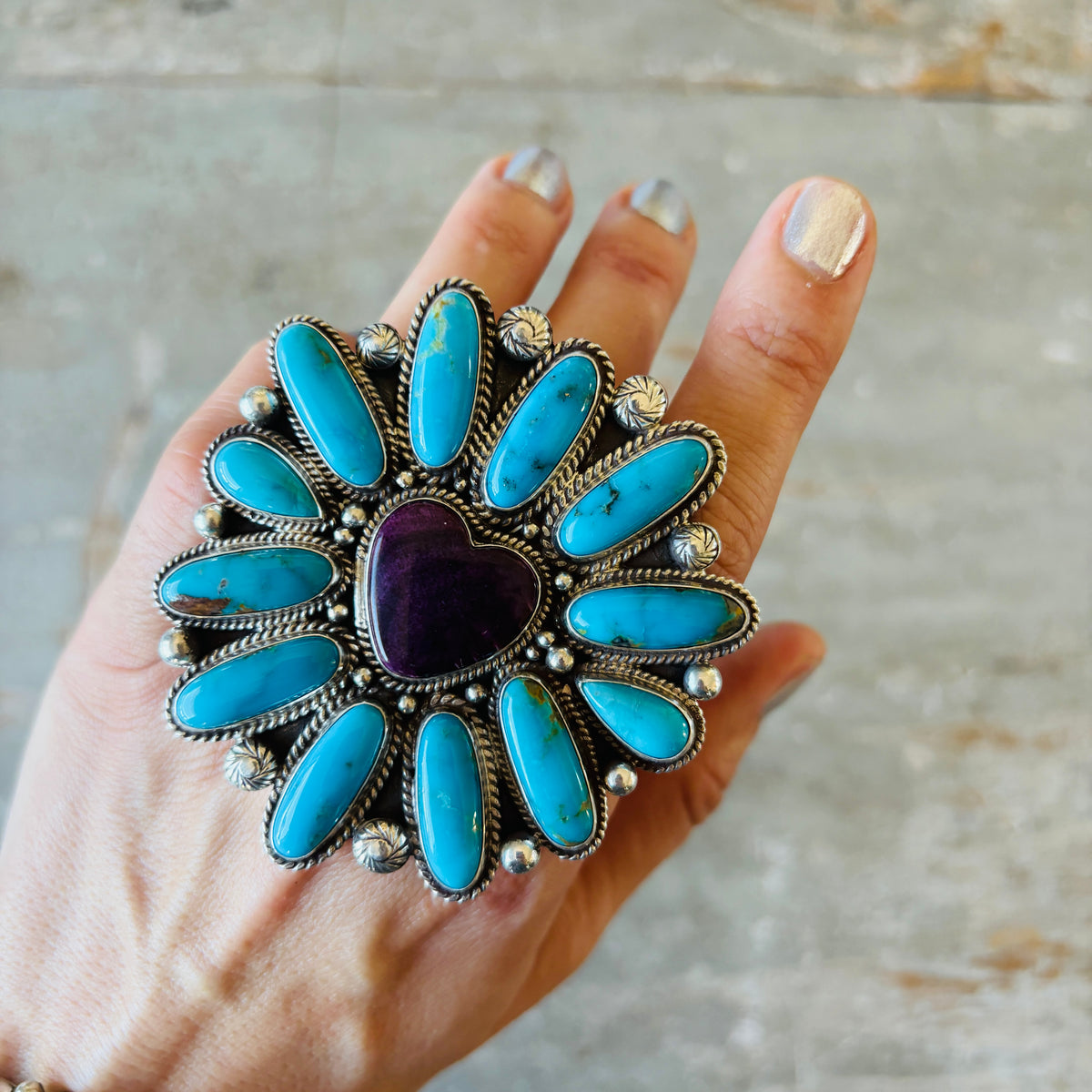 Navajo Tyler Brown Sterling Silver - Purple Spiny Oyster & Kingman Turquoise Heart Cluster Ring