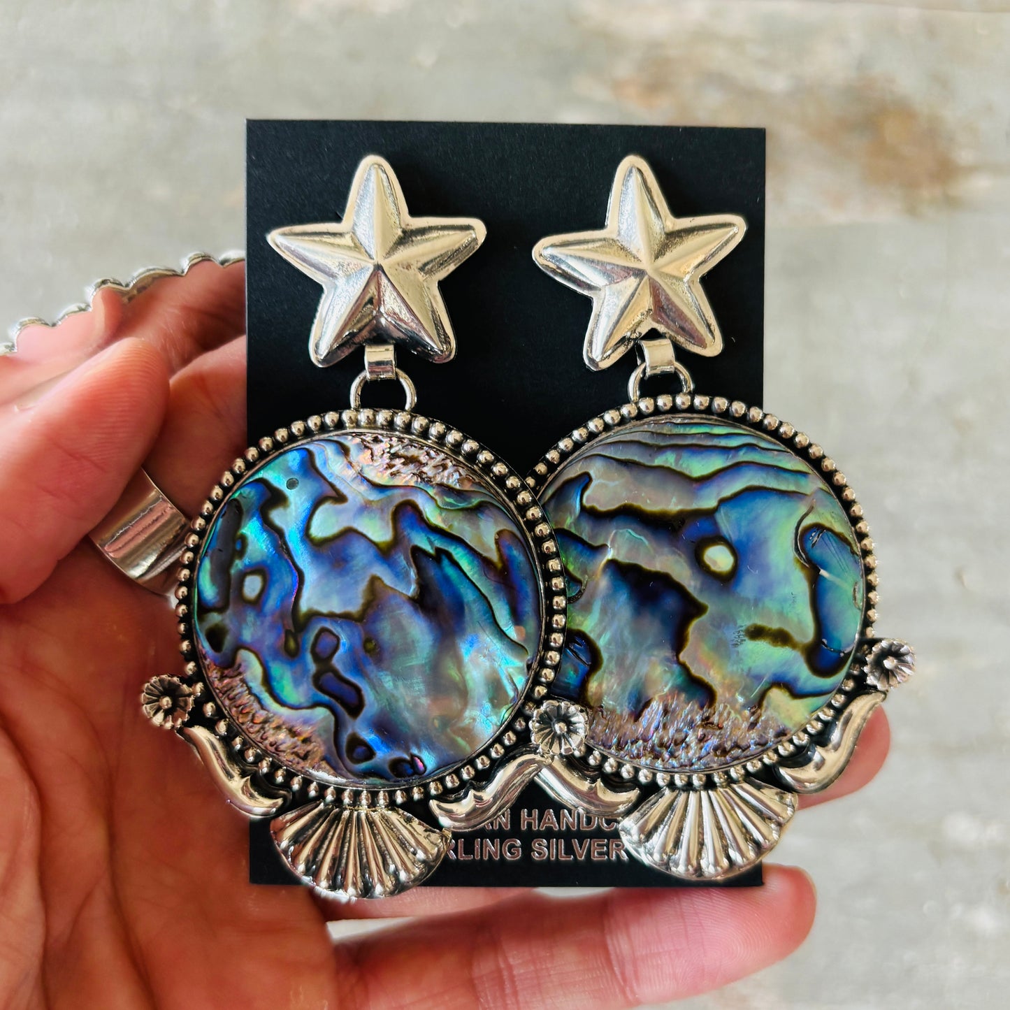 Navajo Hemerson Brown Sterling Silver & Abalone Star Statement Earrings