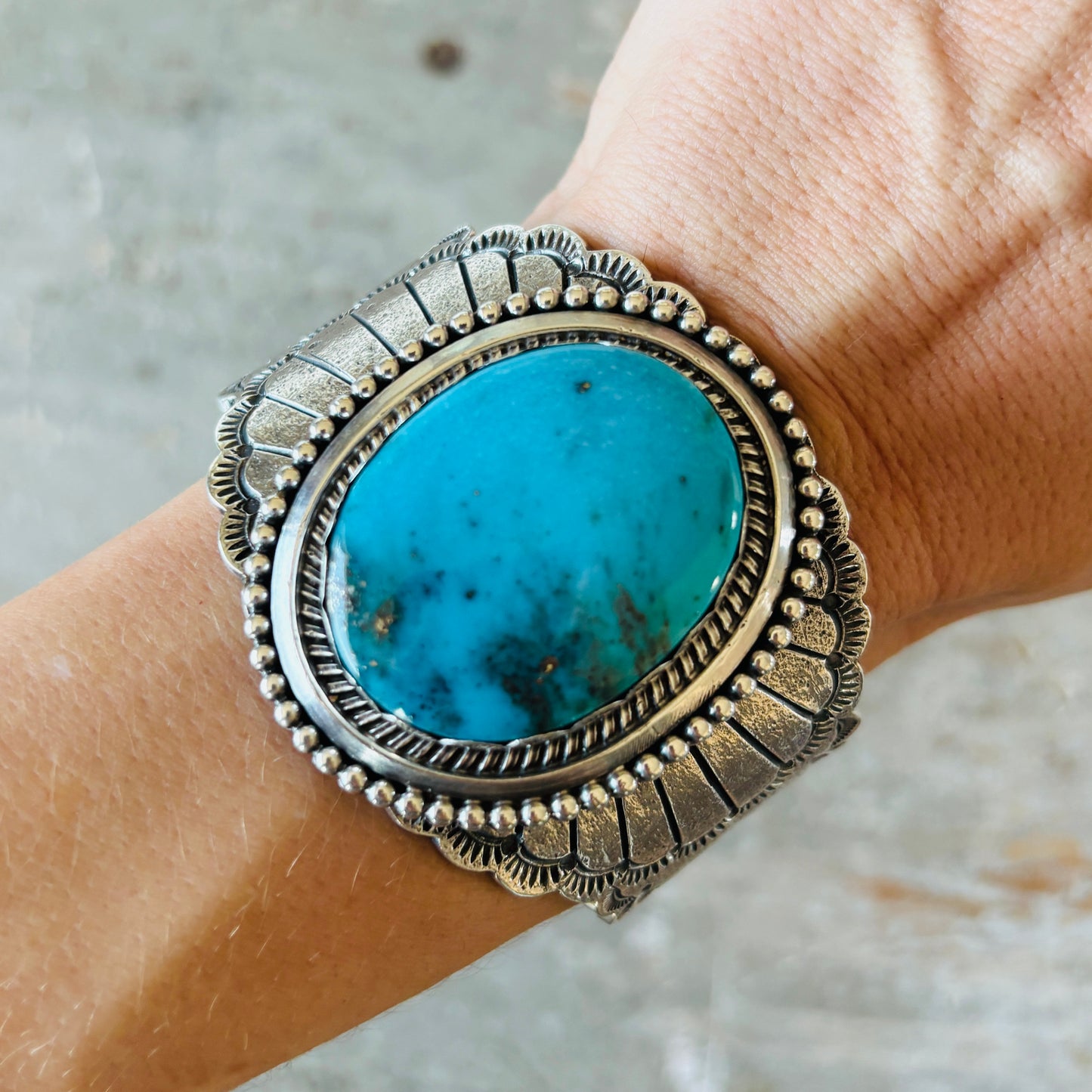 Navajo Glenn Livingston Sterling Silver & Kingman Turquoise Hearts Tufa Cast Cuff
