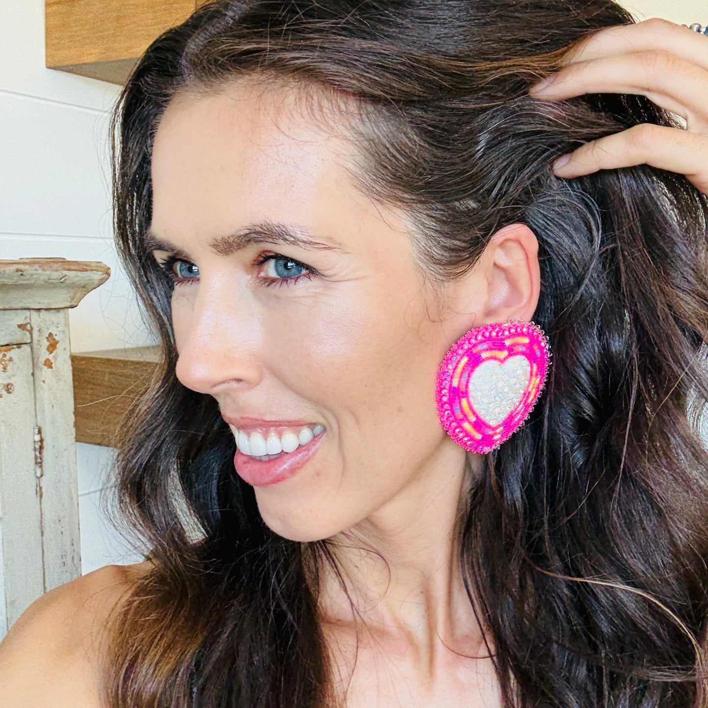 New Navajo Pink Beaded Heart Earrings
