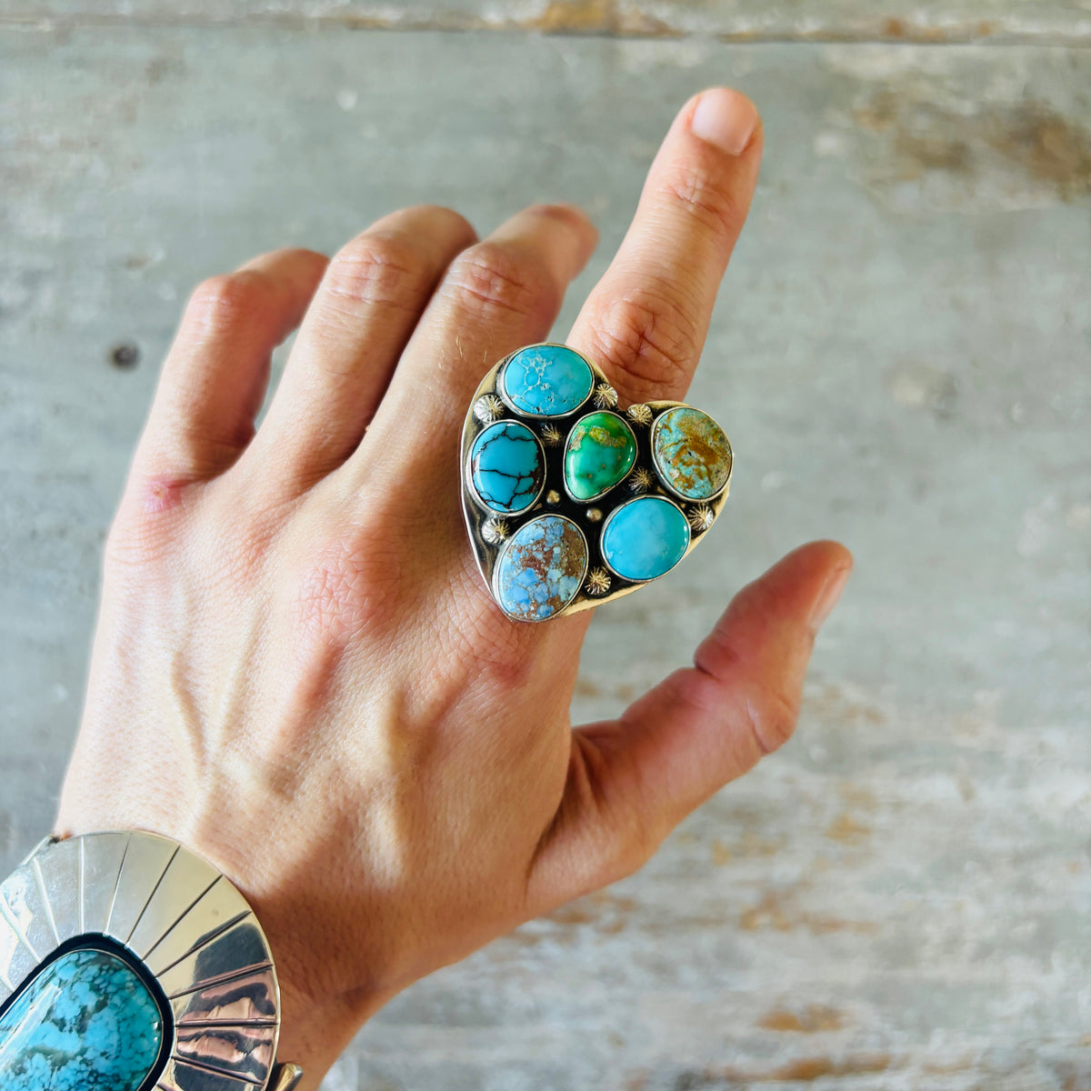 Navajo Freddy Platero Sterling Silver & Mixed Turquoise Cluster Heart