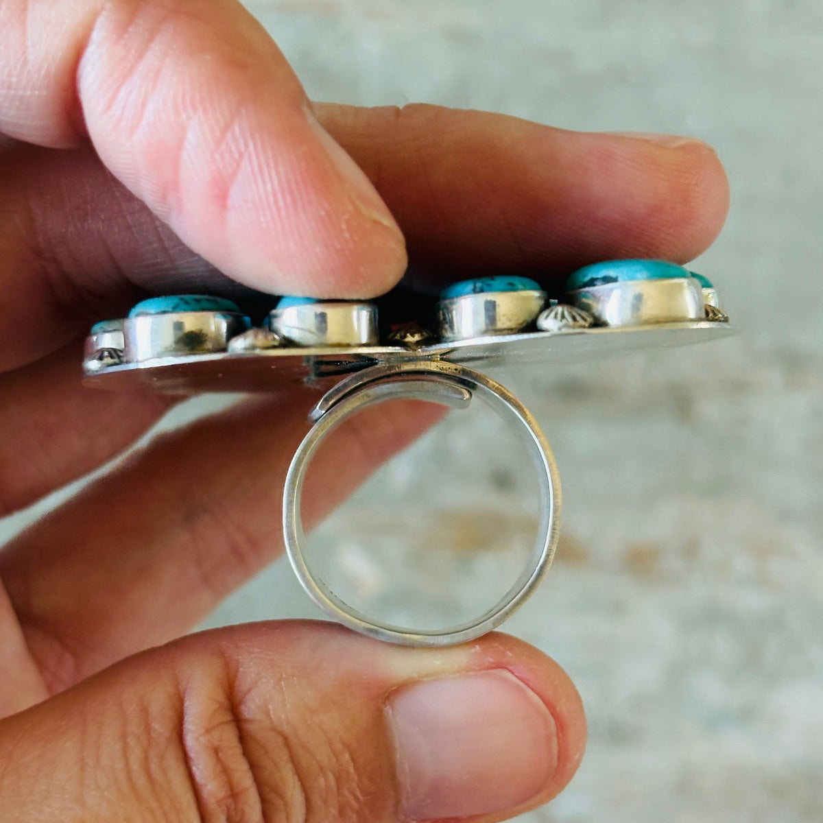 Navajo Freddy Platero Sterling Silver & Whitewater Turquoise Cluster Heart Ring