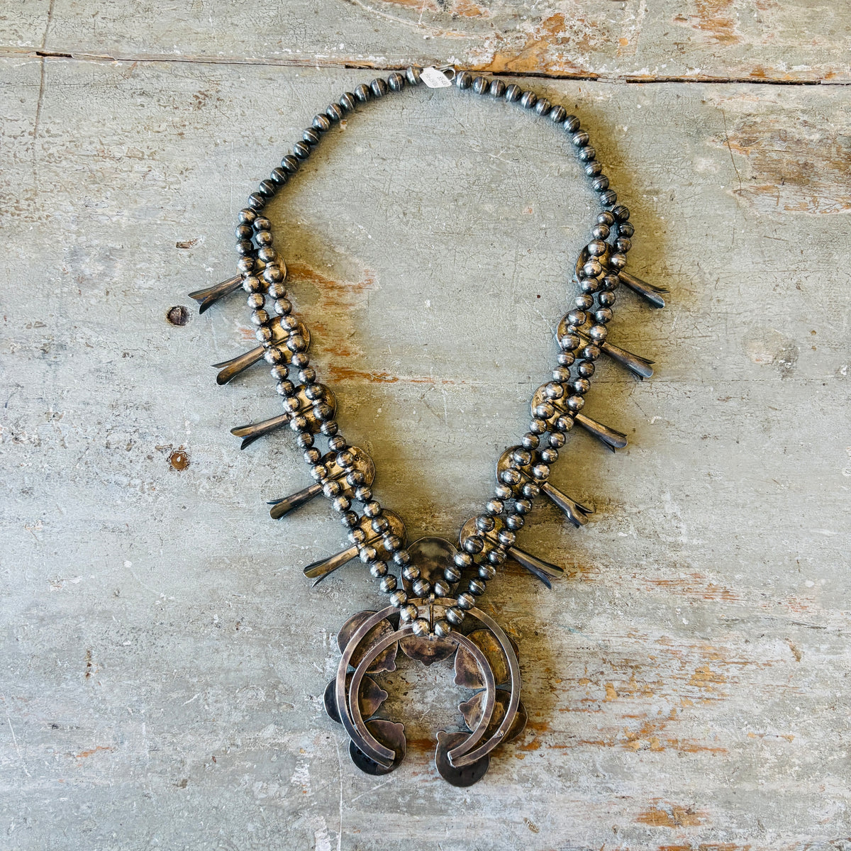 Vintage 1960s Navajo Sterling Silver & Turquoise Squash Blossom Necklace