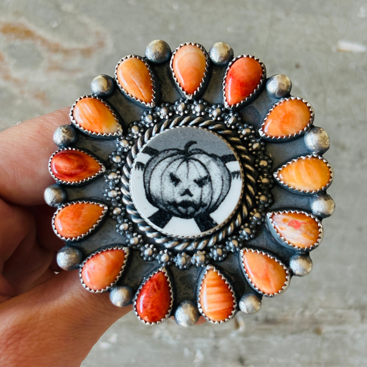 Navajo Kindale Billah Sterling Silver - Ceramic & Orange Spiny Oyster Cluster Pumpkin Ring