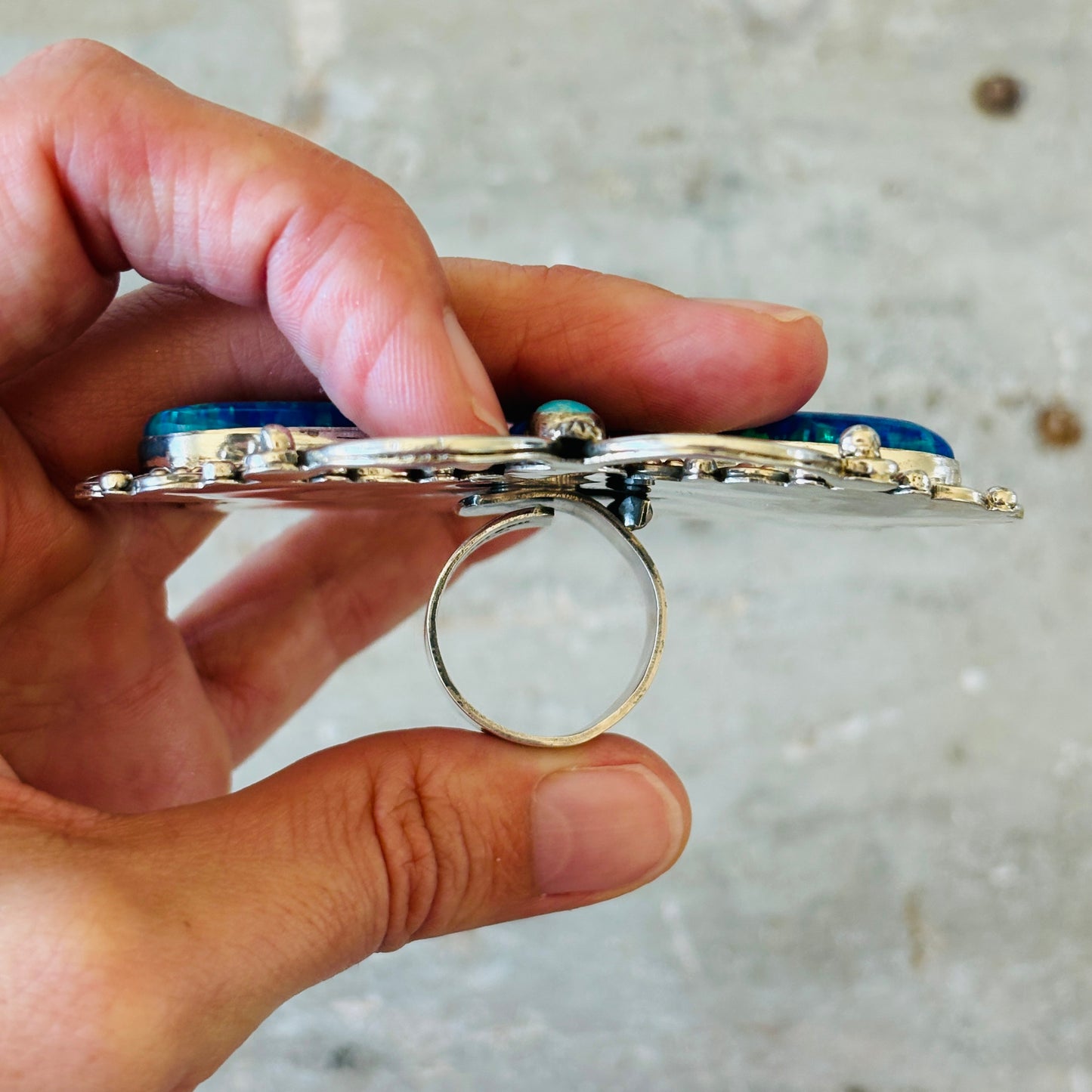 Navajo Hemerson Brown Sterling Silver - Blue Lab Opal & Sleeping Beauty Turquoise Dragonfly Ring