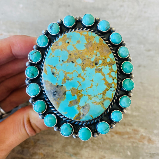 Navajo Kindale Billah Sterling Silver & Kingman Turquoise Cluster Floral Statement Cuff