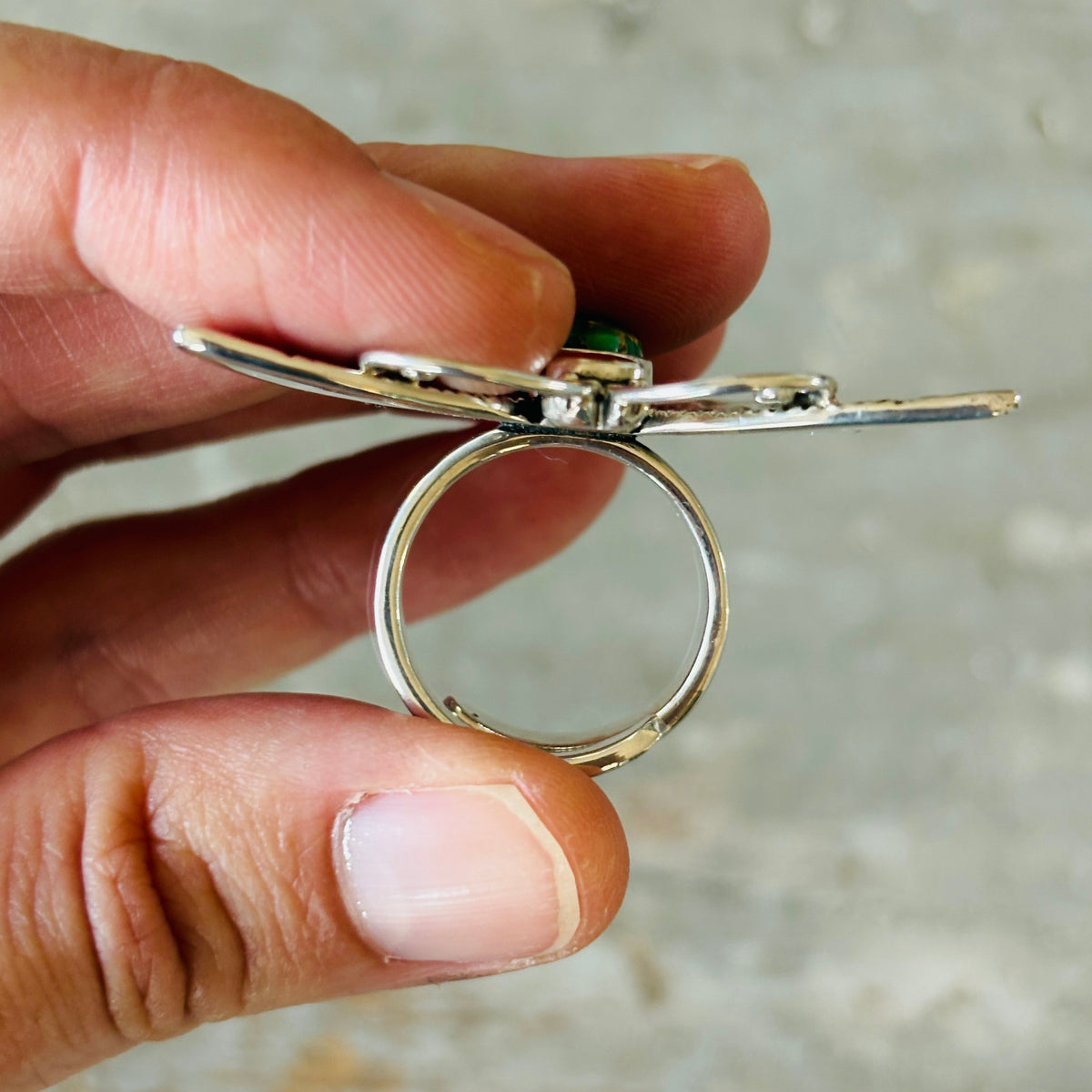 Navajo Lee Charley Sterling Silver - Red Coral & Sonoran Turquoise Butterfly Ring