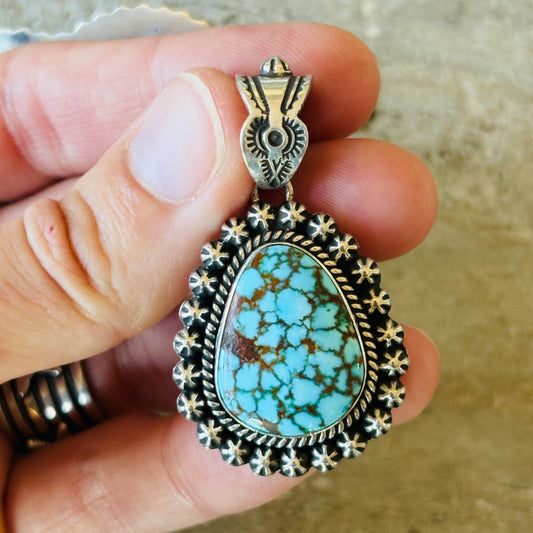 Navajo Happy Piasso Sterling Silver & Web Kingman Turquoise Starburst Pendant