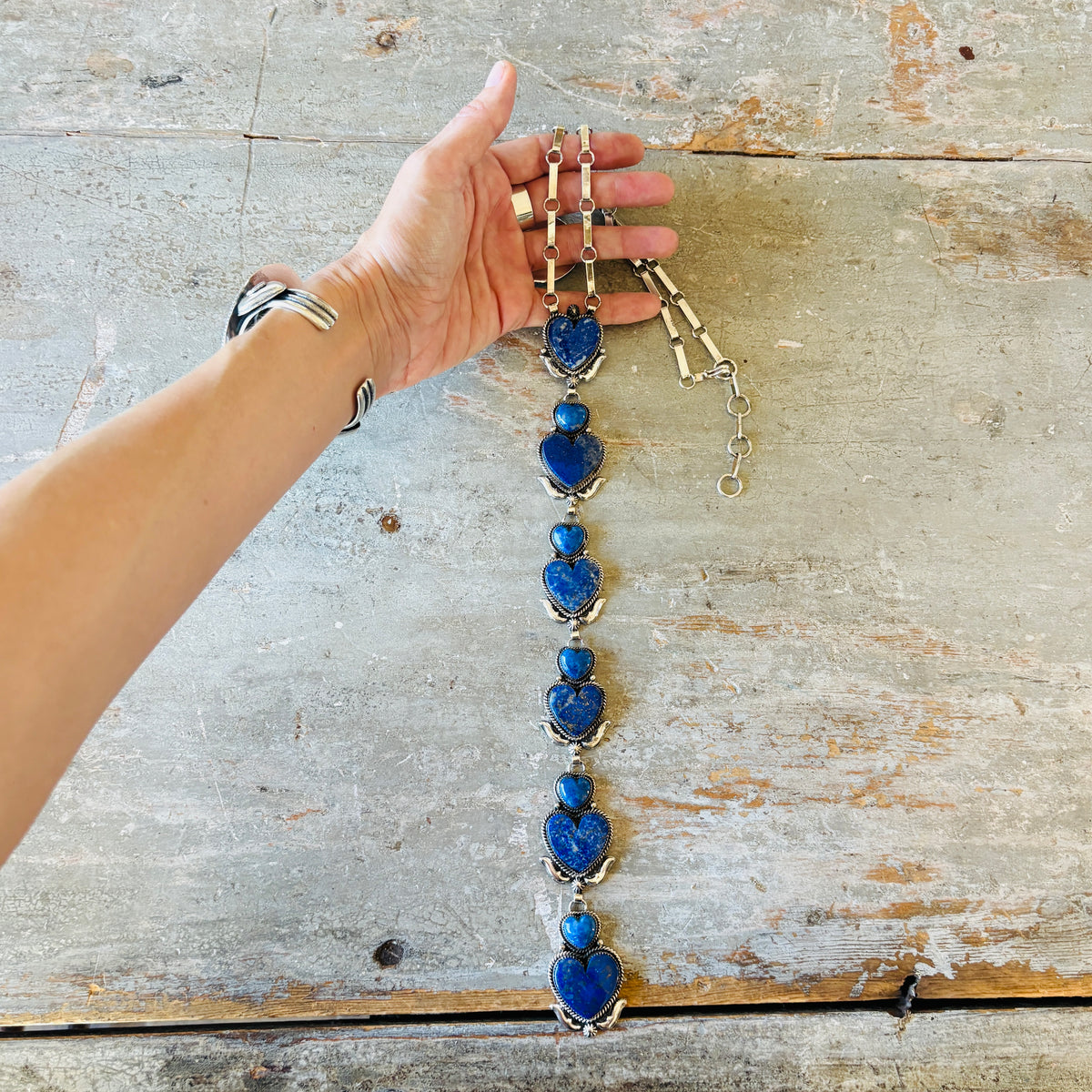 Navajo Hemerson Brown Sterling Silver & Lapis Hearts Statement Lariat Necklace