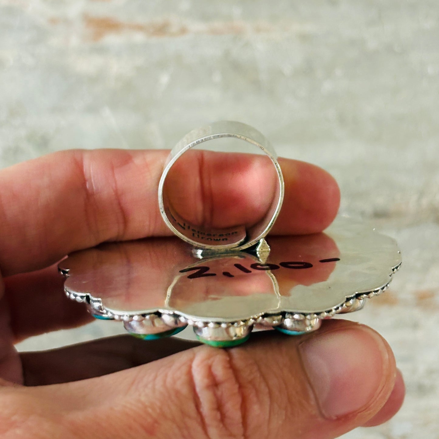 Navajo Hemerson Brown Sterling Silver & Sonoran Turquoise Cluster Statement Ring