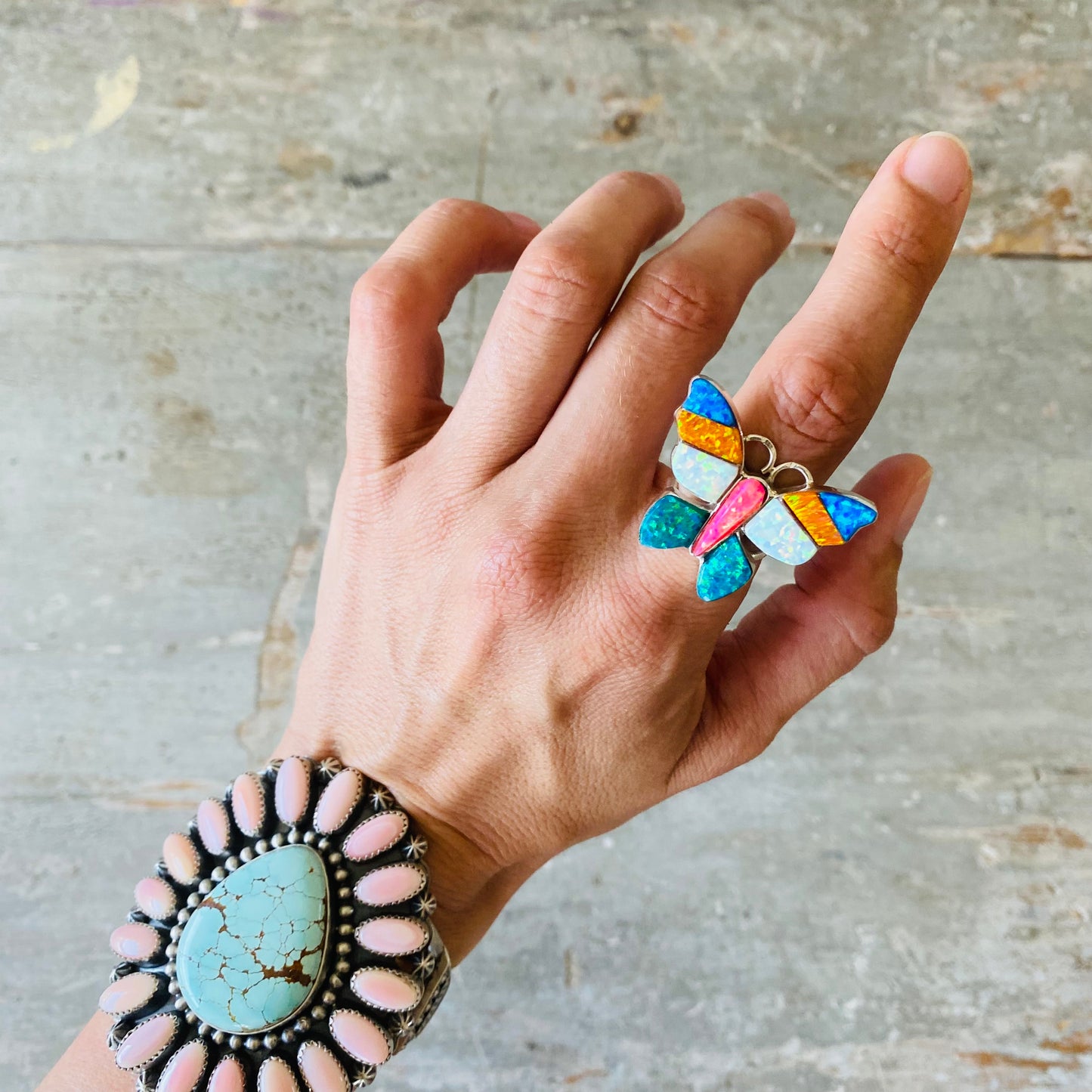 Navajo Steeve Francisco Sterling Silver & Lab Opal Multicolor Butterfly Ring