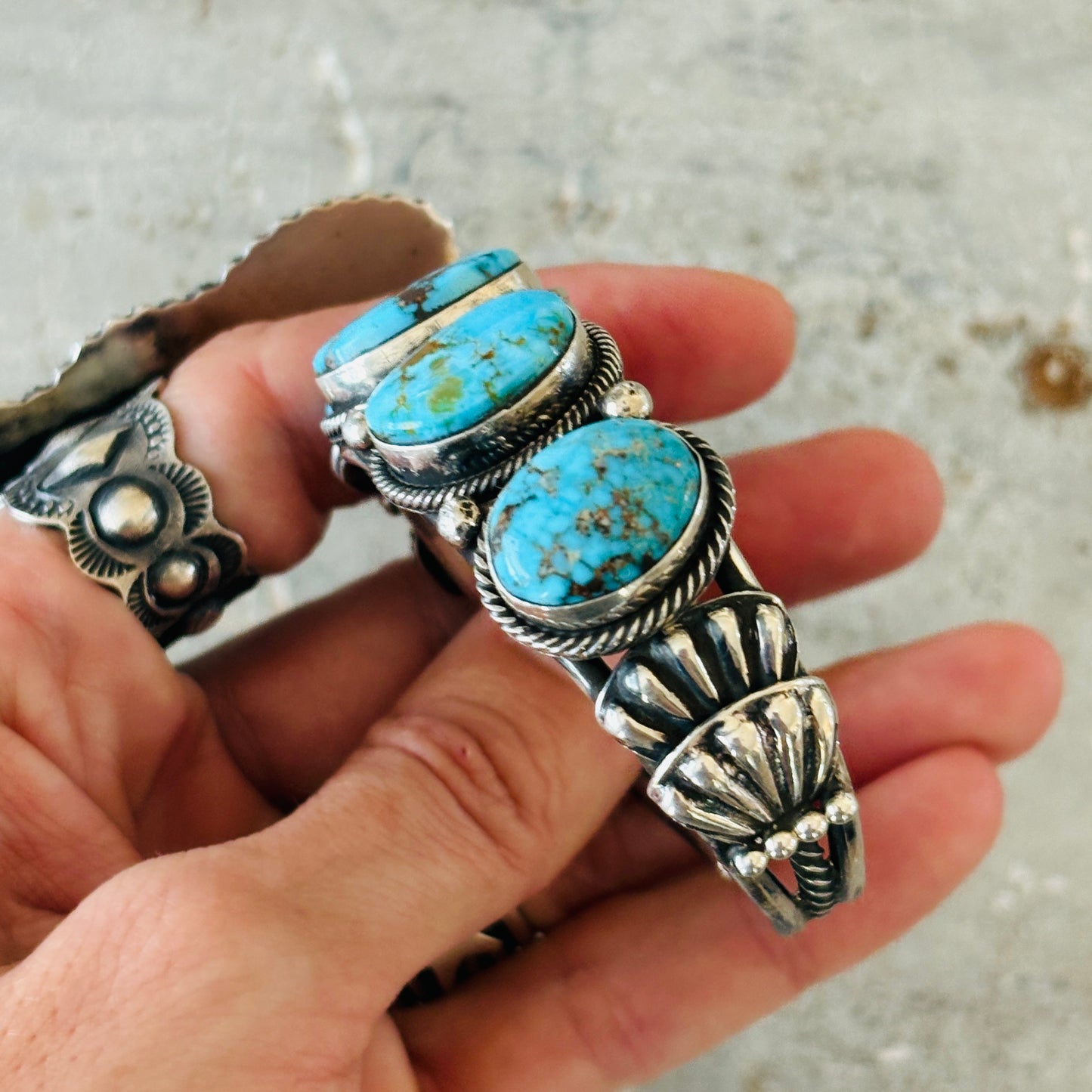Navajo Hemerson Brown Sterling Silver & Web Kingman Turquoise Five Stone Cuff
