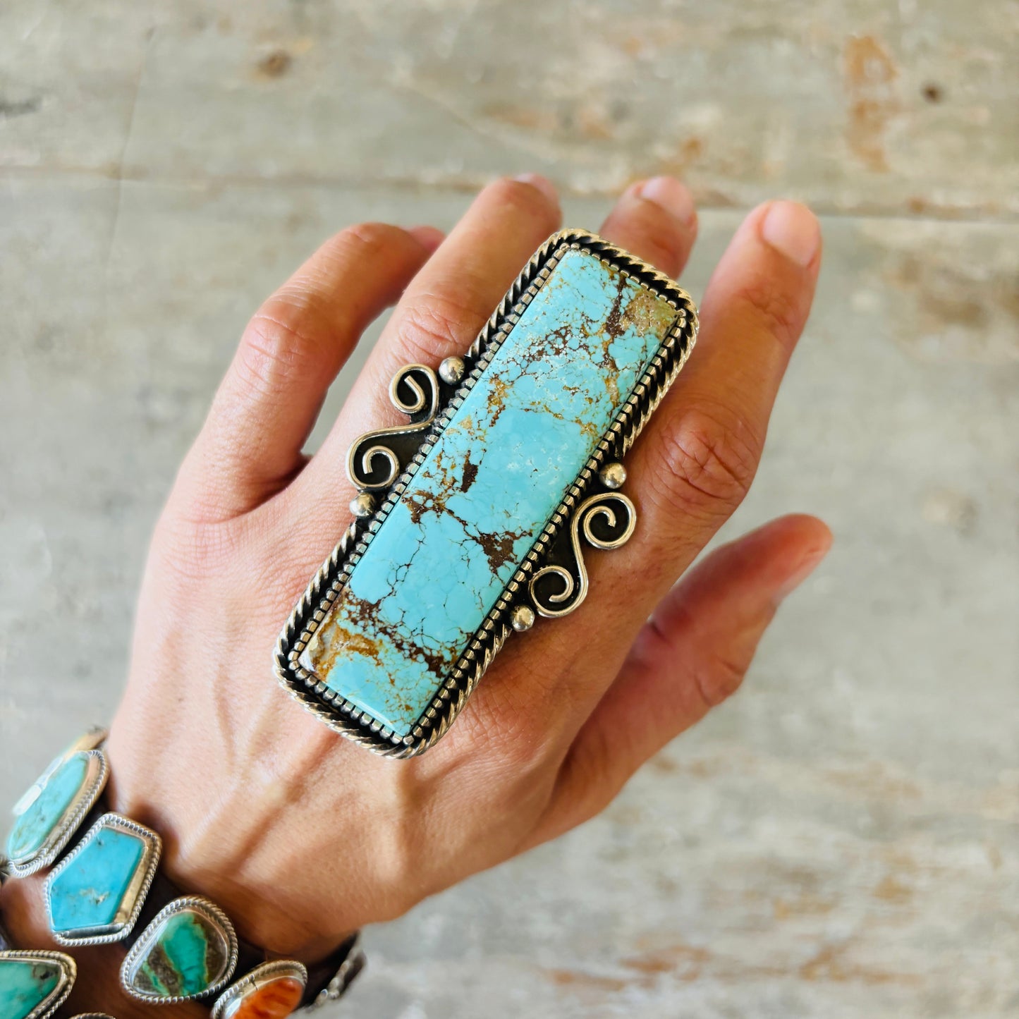 Navajo Landon Secatero Sterling Silver & Kingman Turquoise Rectangle Ring