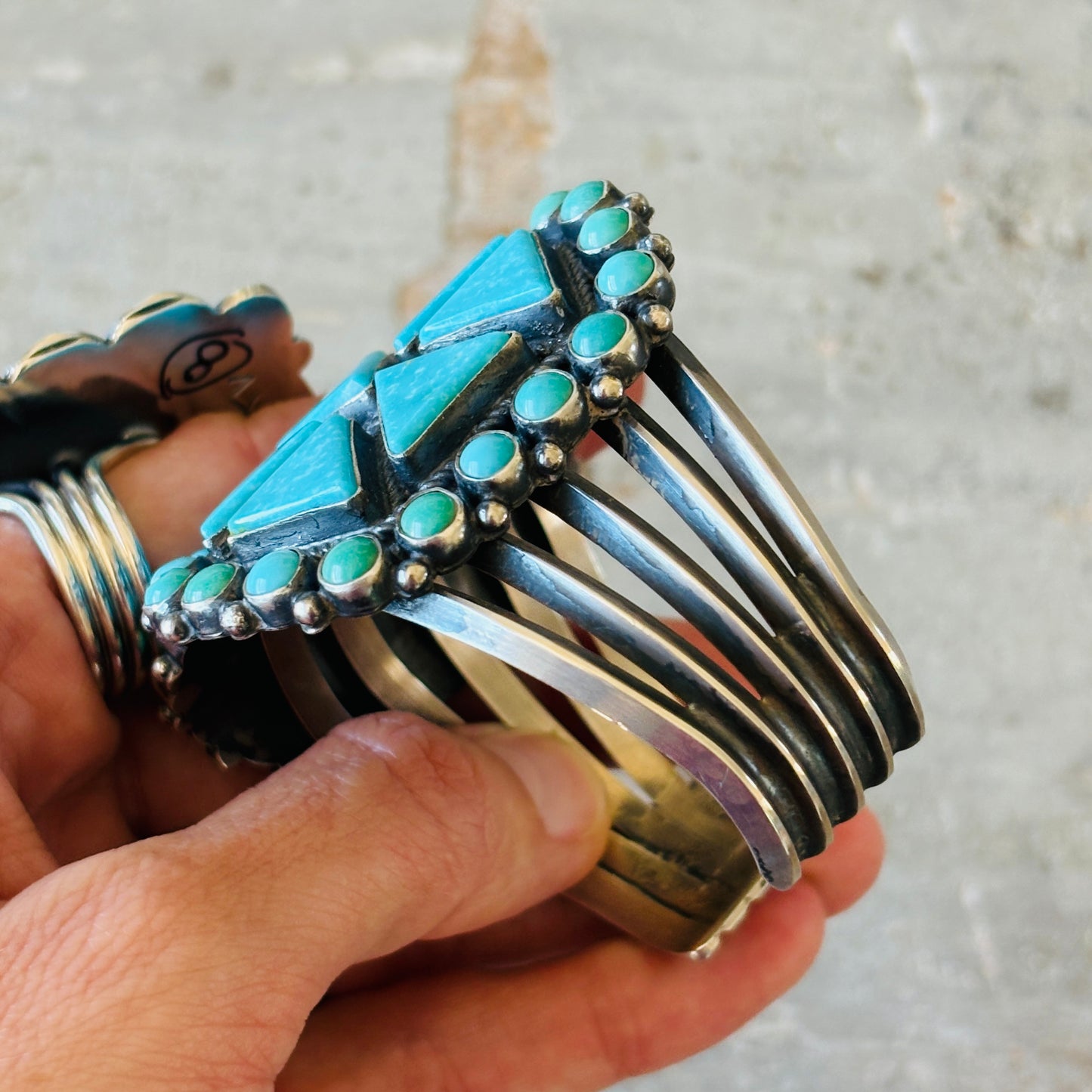 Navajo Anthony Skeets Sterling Silver & Kingman Turquoise Cluster Statement Cuff