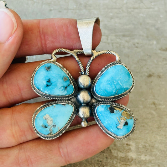 Navajo Darrin Livingston Sterling Silver & Blue Ridge Turquoise Butterfly Pendant