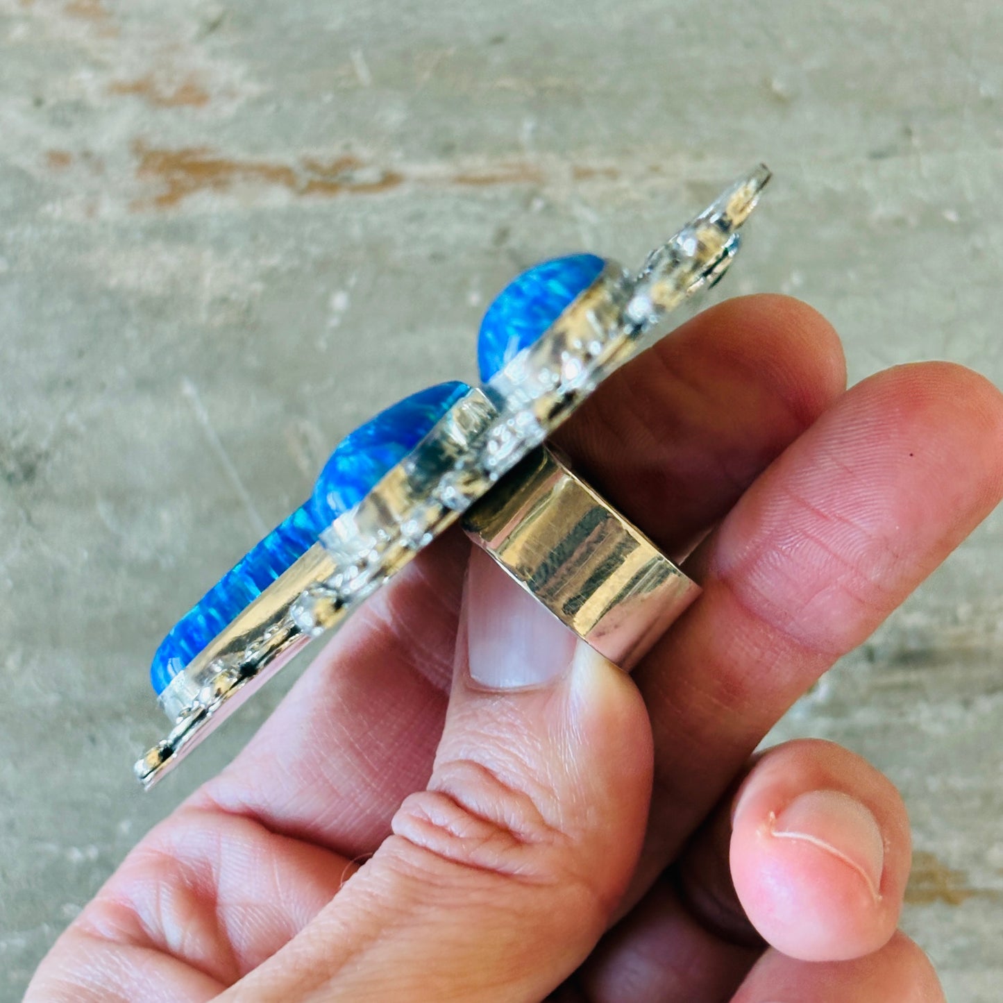 Navajo Hemerson Brown Sterling Silver - Blue Lab Opal & Sleeping Beauty Turquoise Dragonfly Ring