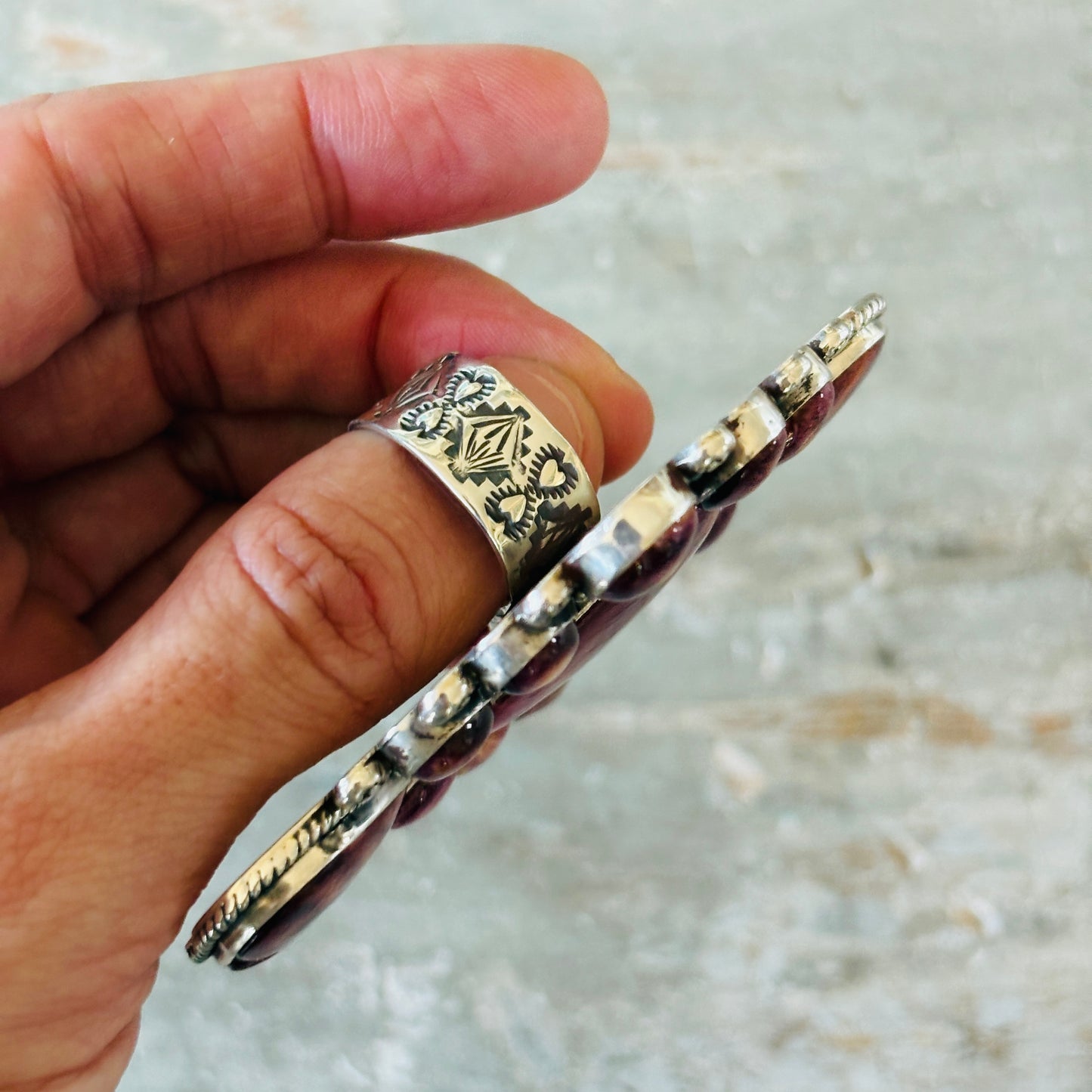 Navajo Tyler Brown Sterling Silver & Purple Spiny Hearts Statement Ring