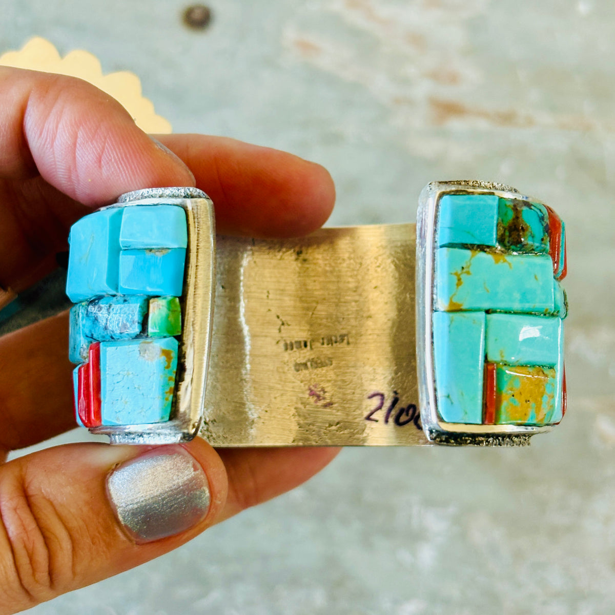 Navajo Lester James Sterling Silver - Red Coral & Multi Turquoise Cobblestone Cuff