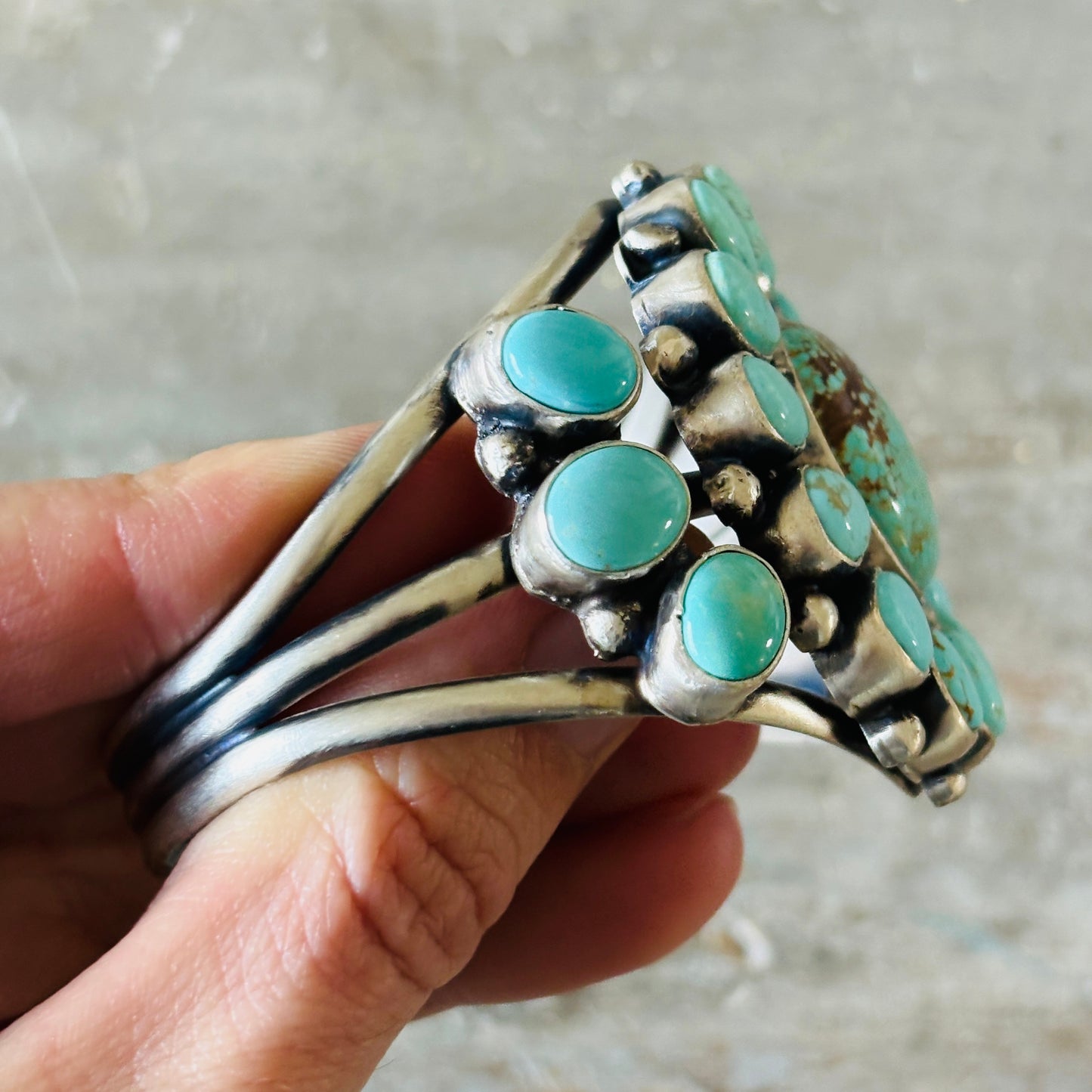 Navajo Bobby Johnson Sterling Silver & #8 Turquoise Cluster Cuff!