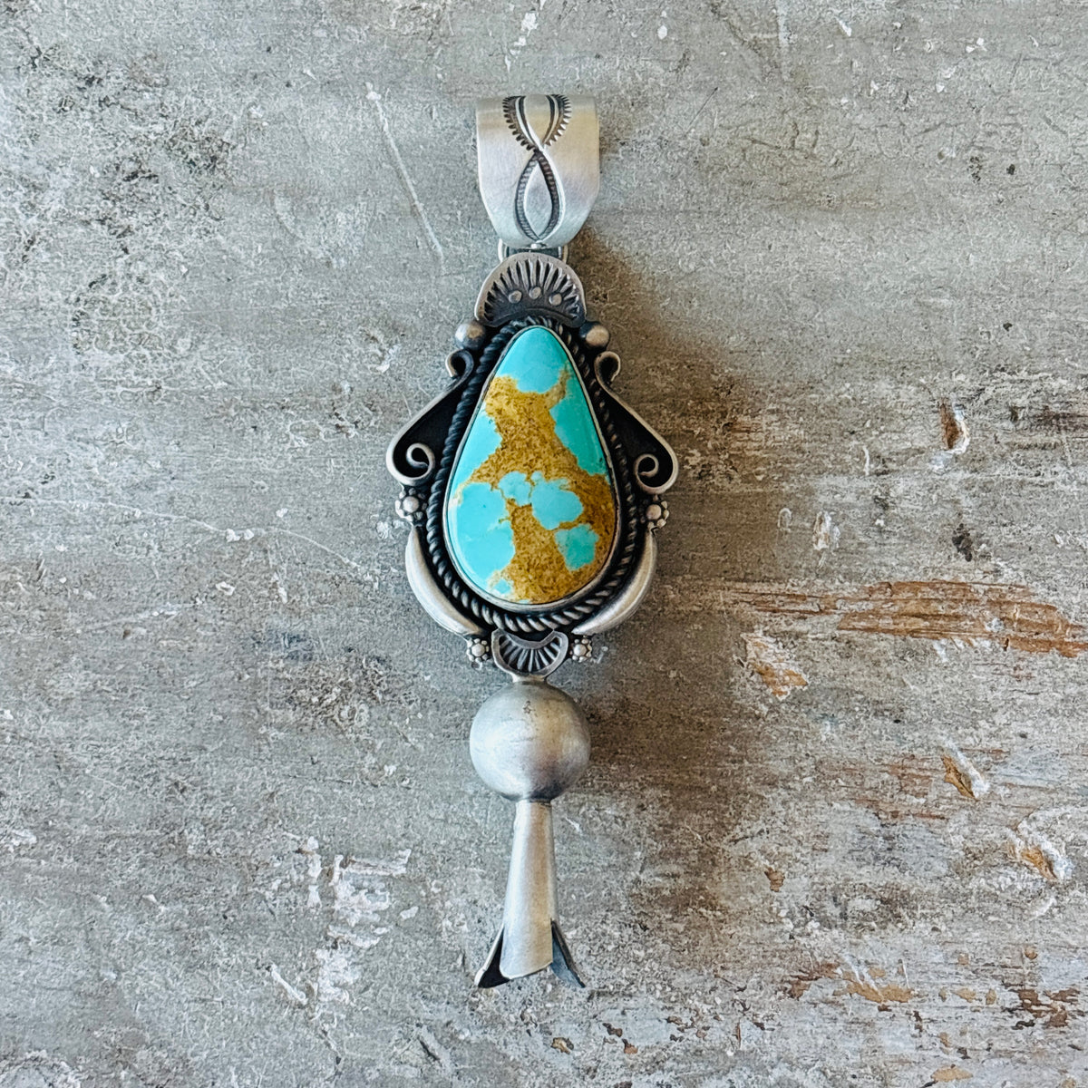 Navajo Ronald Tom Sterling Silver & Pilot Mountain Turquoise Blossom Pendant