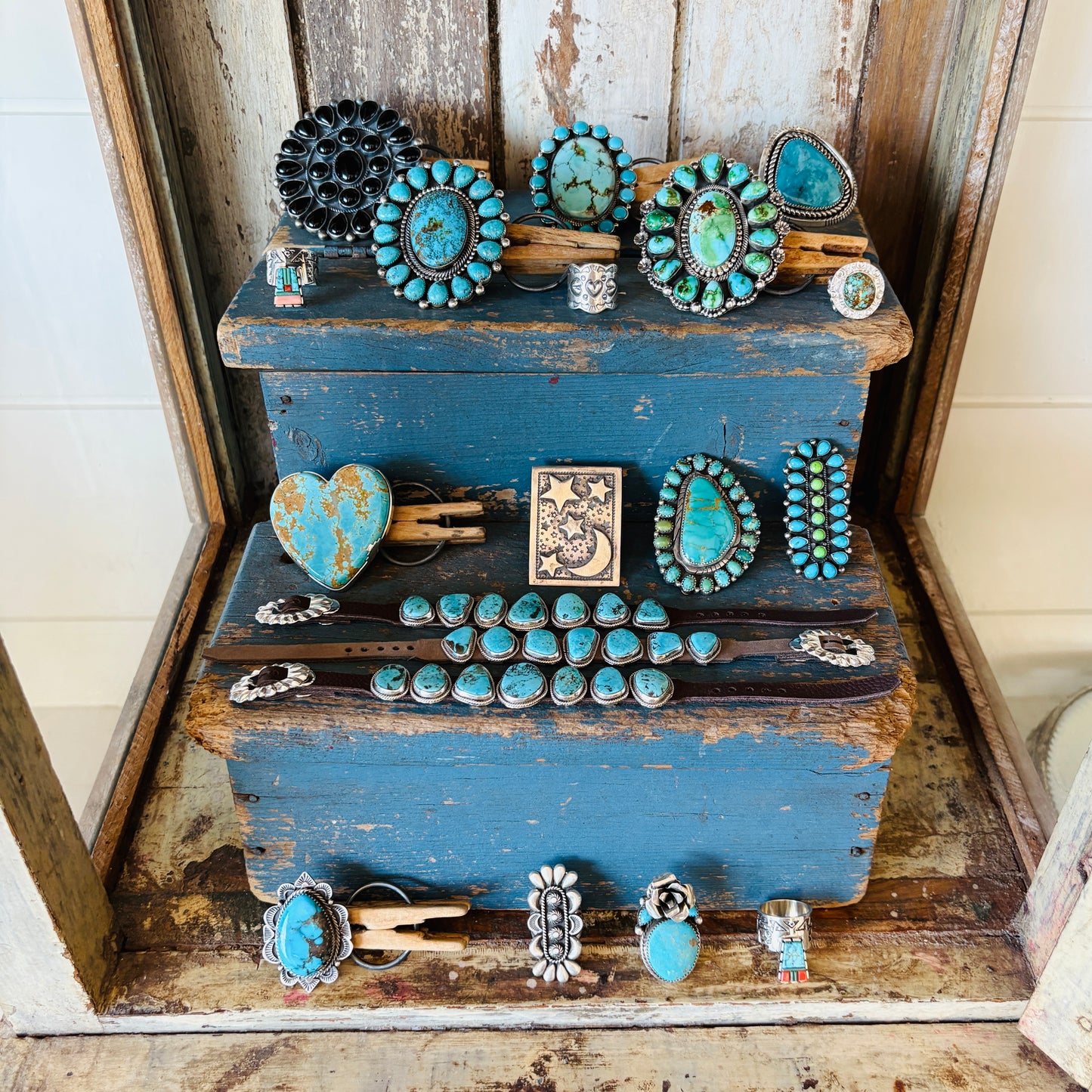 Navajo Hemerson Brown Sterling Silver - Green Mojave & Kingman Turquoise Cluster Ring