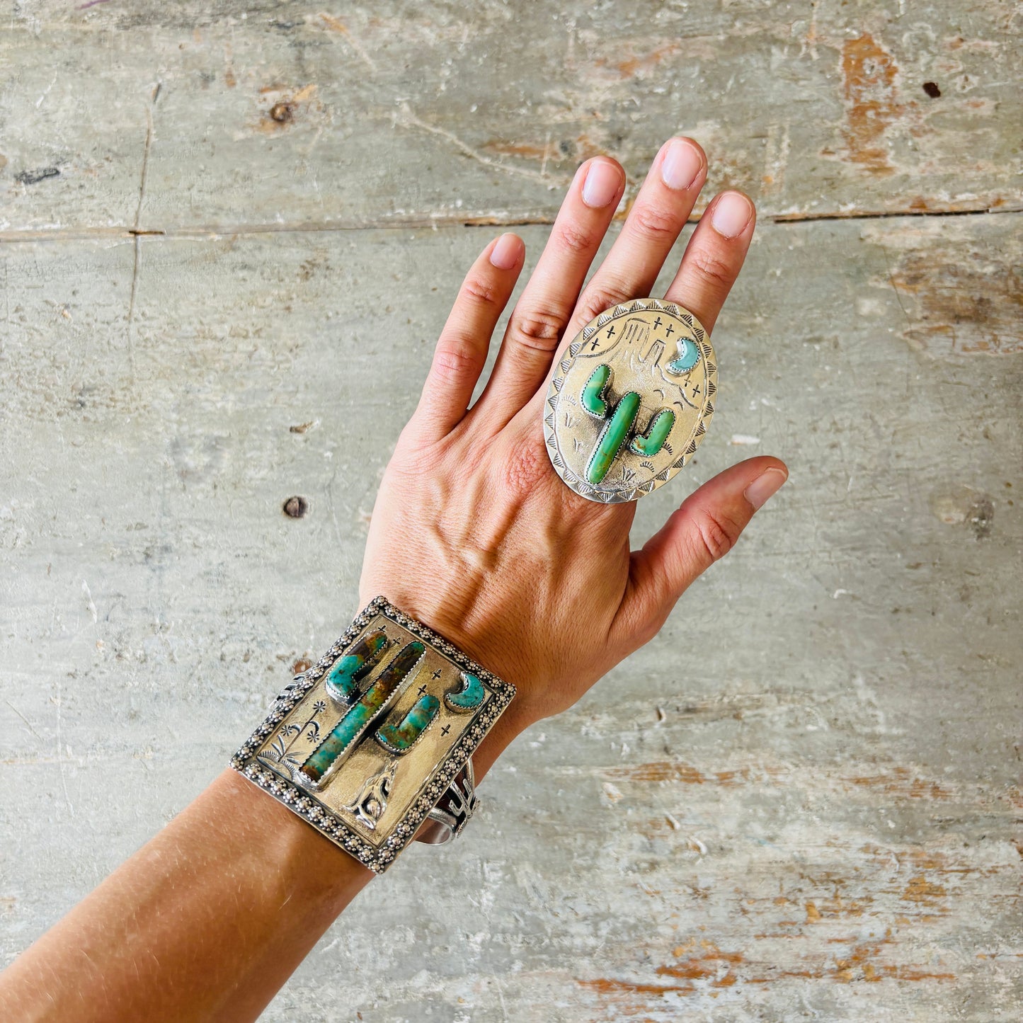 Navajo Hemerson Brown Sterling Silver & Kingman Turquoise Cactus Ring