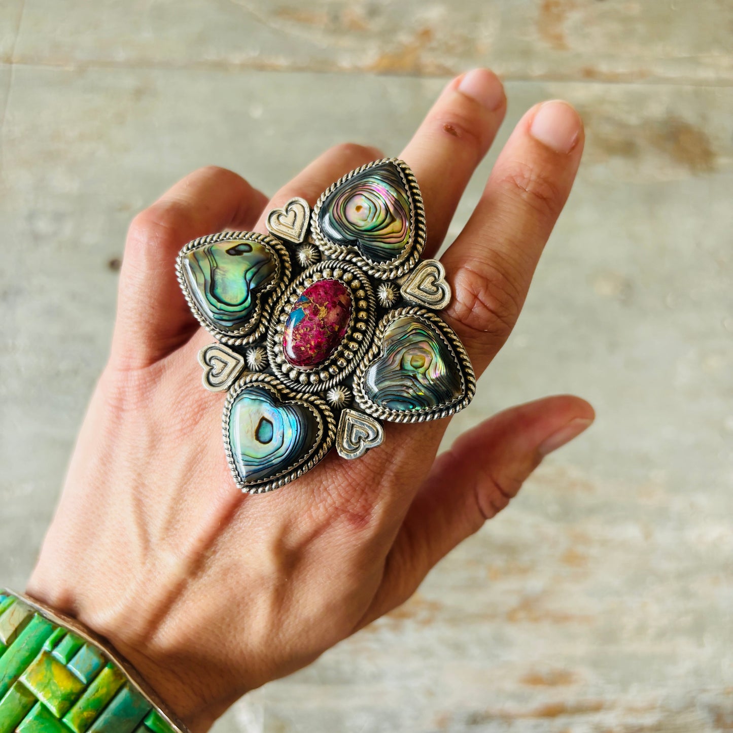 Navajo Hemerson Brown Sterling Silver - Abalone & Mojave Hearts Ring