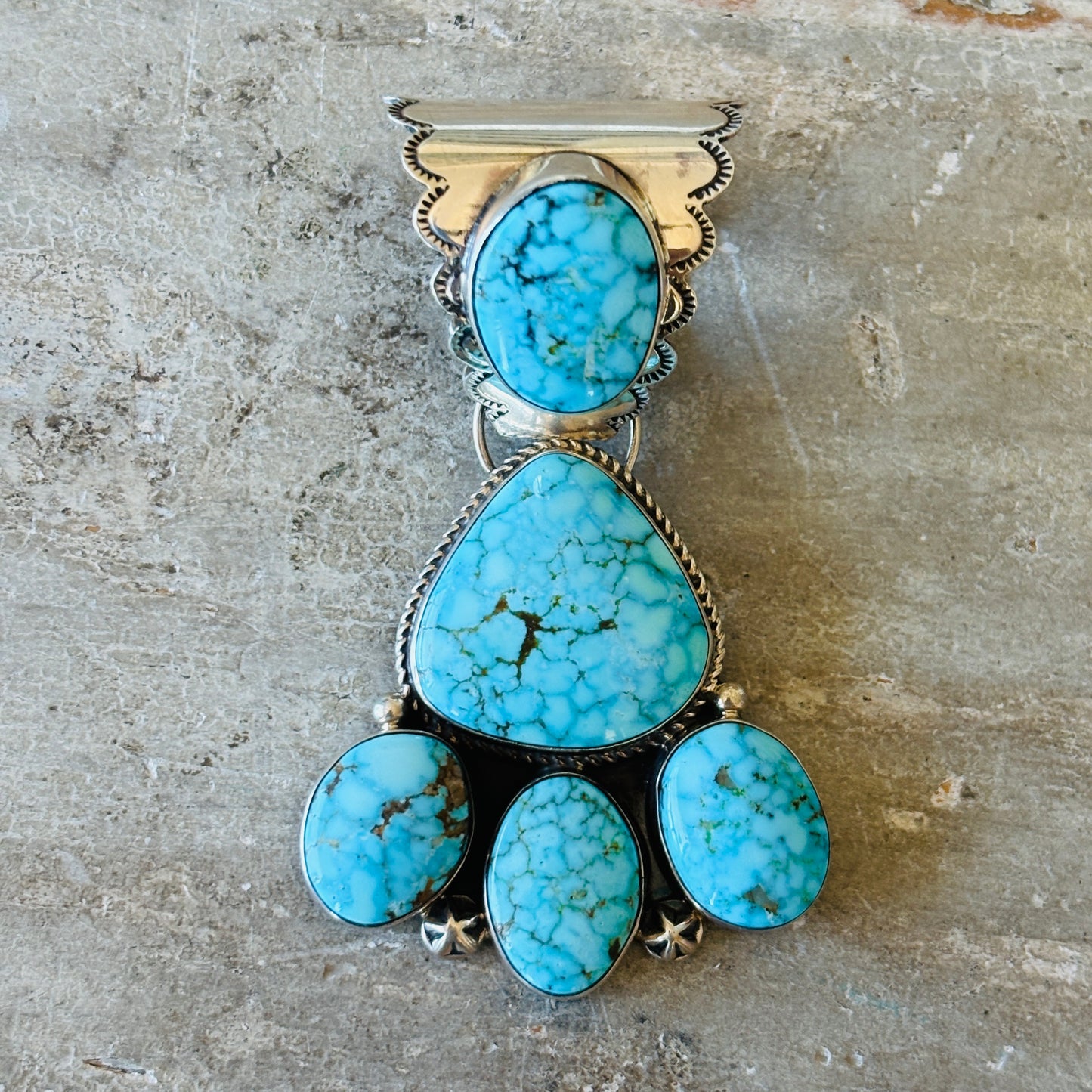 Navajo Signed Sterling Silver & Web Kingman Turquoise Statement Pendant