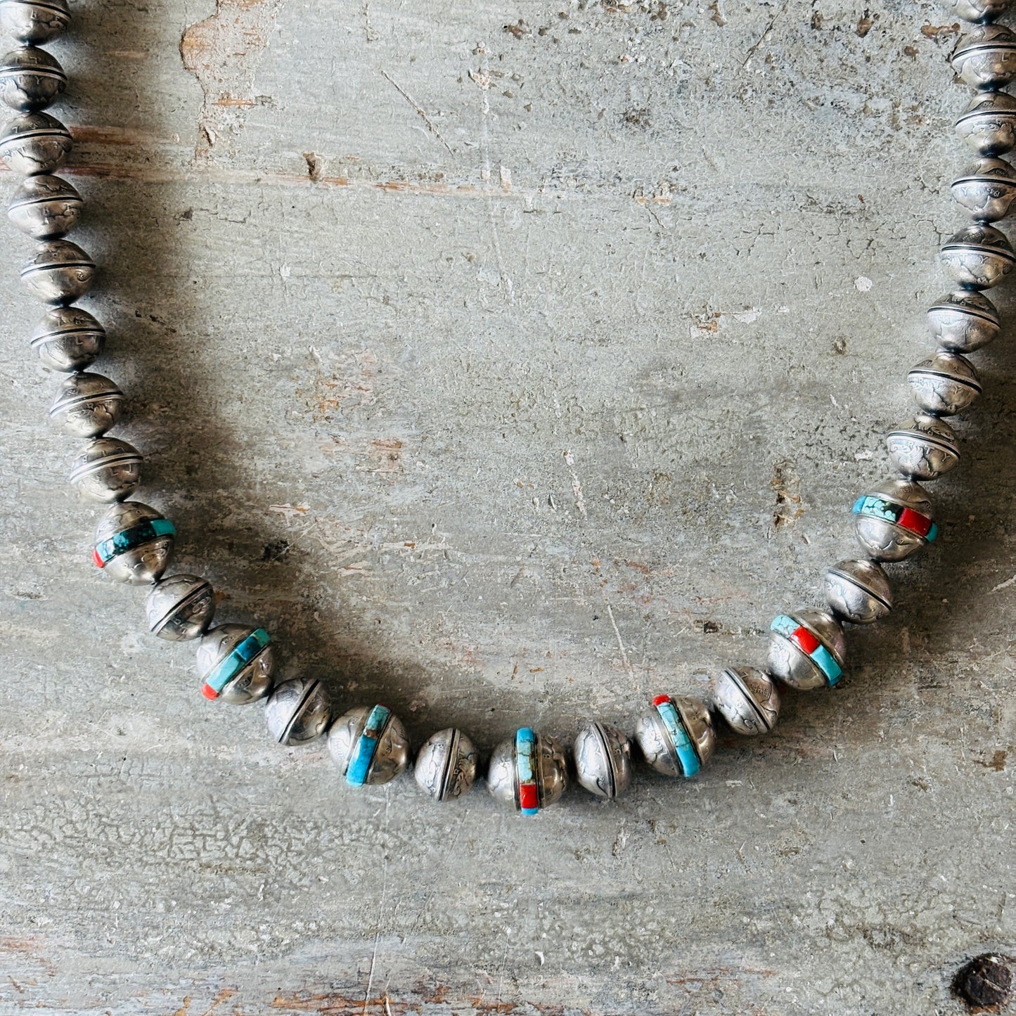 Navajo James McCabe Sterling Silver - Turquoise & Red Coral Inlay Liberty Dime Beads Necklace