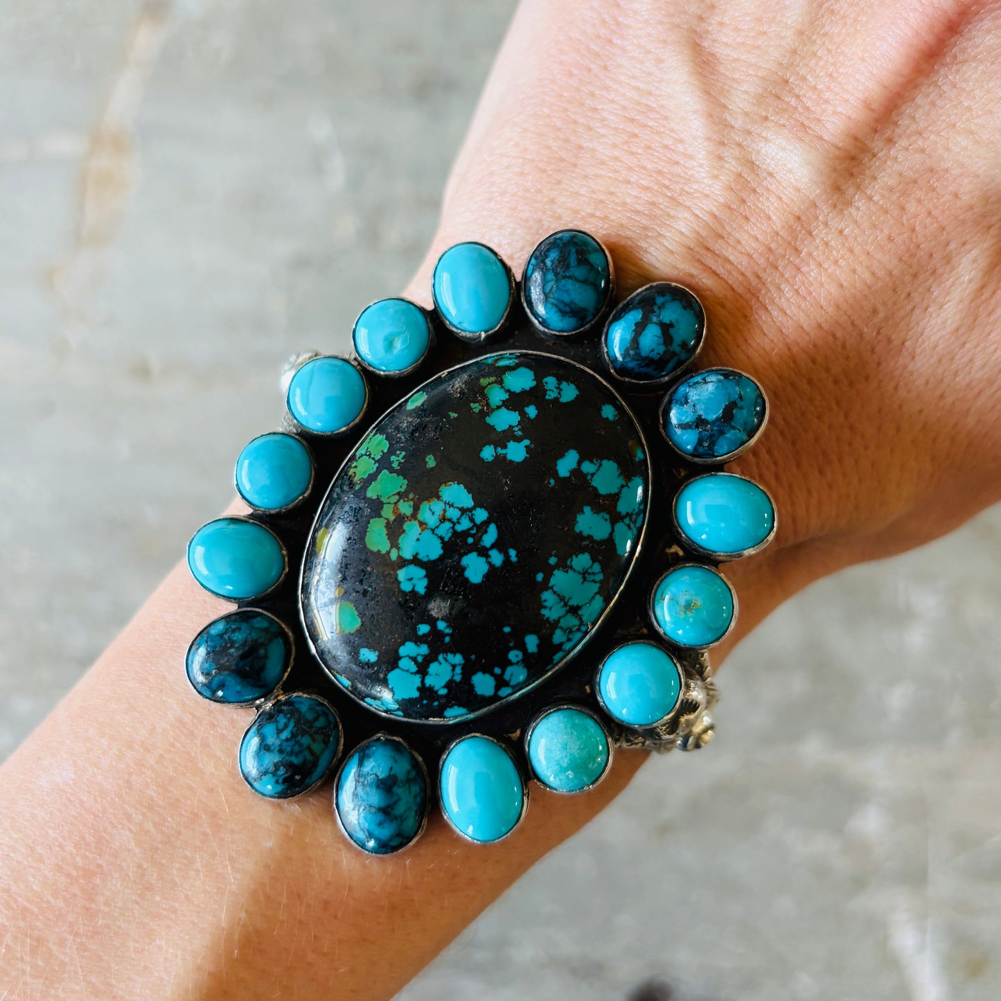Navajo Edmund Piasso Sterling Silver & Mixed Turquoise Cluster Statement Cuff