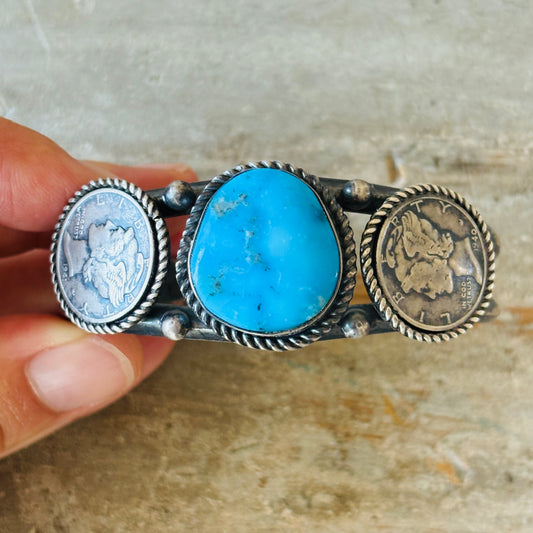 Navajo Signed Sterling Silver & Kingman Turquoise Liberty Coin Cuff