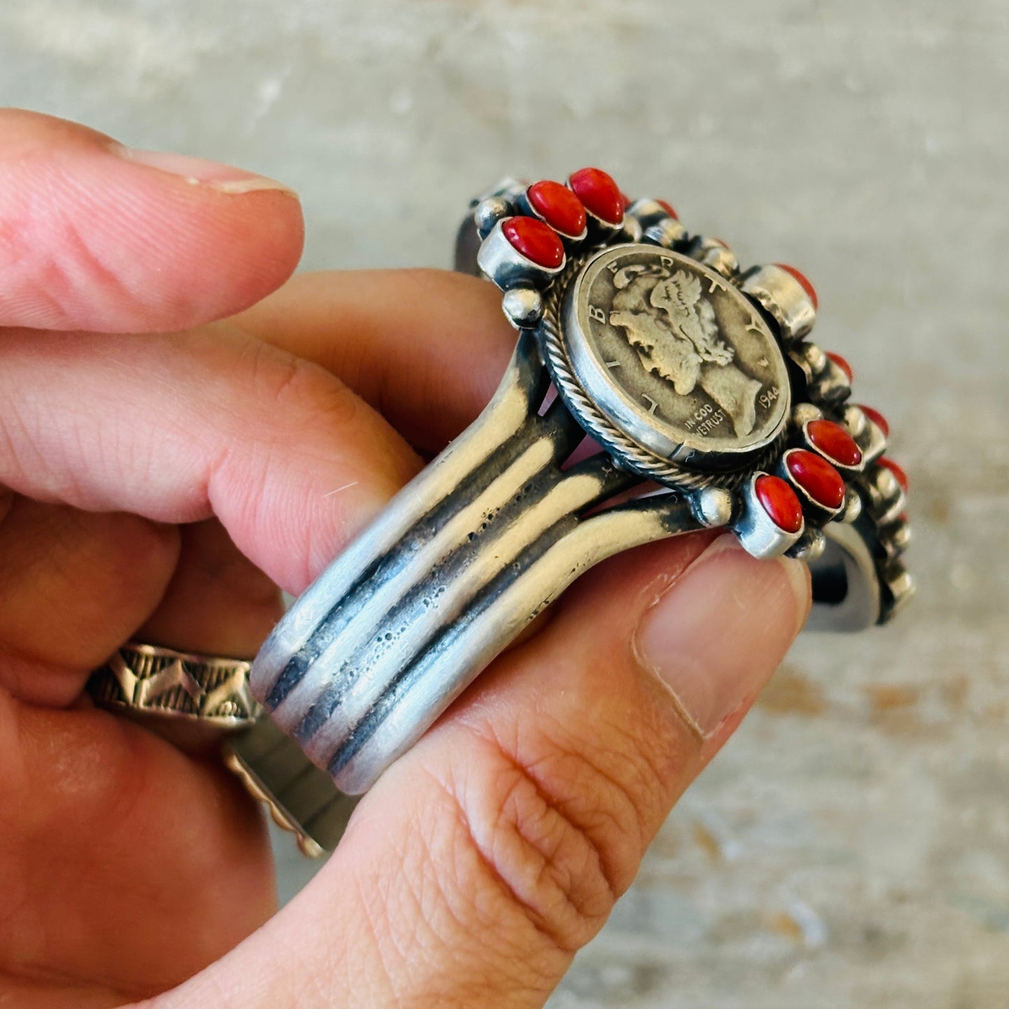 Navajo Darrin Livingston Sterling Silver & Red Coral Coin Cuff