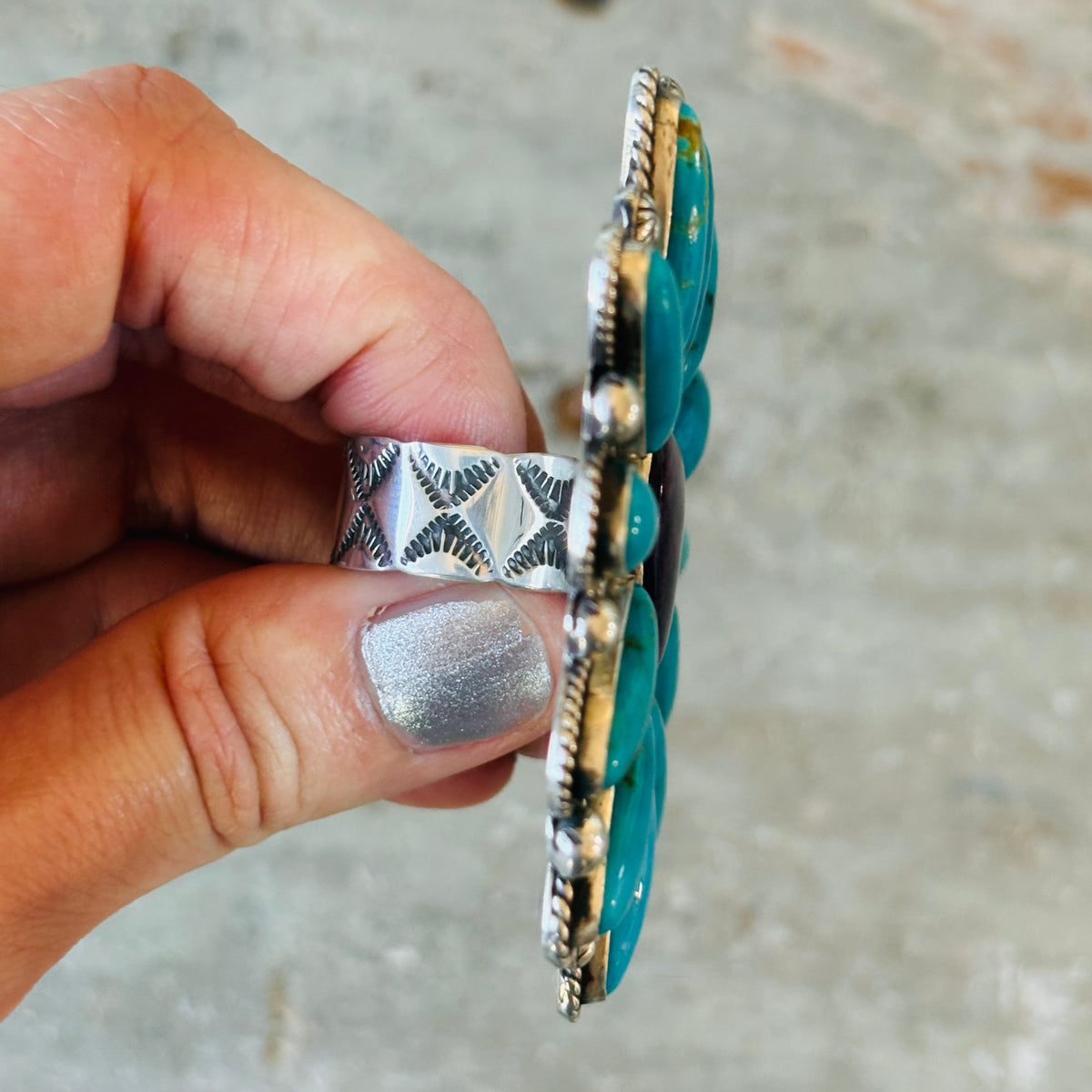Navajo Tyler Brown Sterling Silver - Purple Spiny Oyster & Kingman Turquoise Heart Cluster Ring