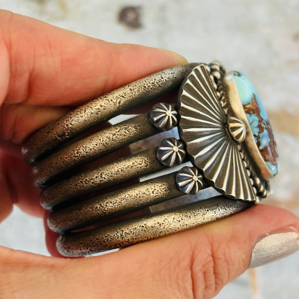 Navajo Herman Smith Sterling Silver & Golden Hills Turquoise Tufa Cast Cuff