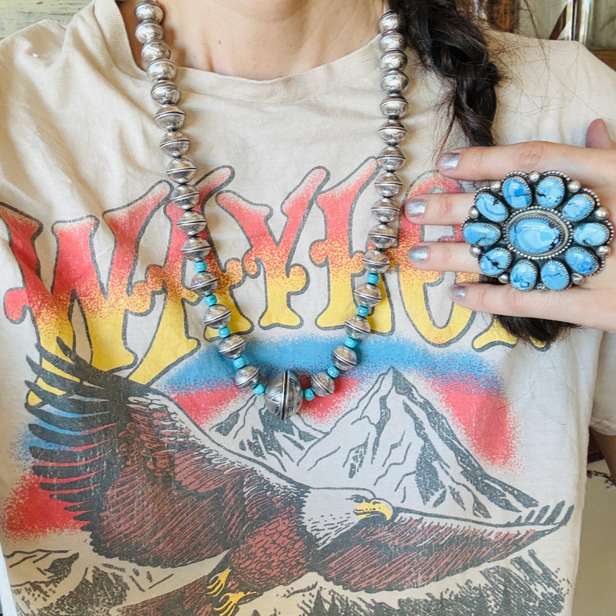 Navajo James McCabe Sterling Silver & Kingman Turquoise - Liberty Dime - Morgan Silver Dollar Beads Necklace