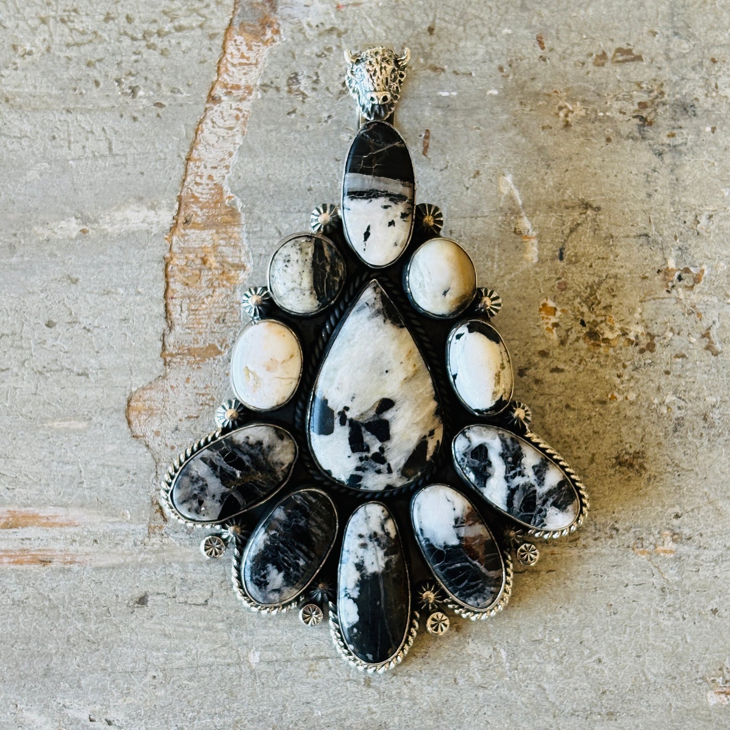 Navajo Hemerson Brown Sterling Silver & White Buffalo Cluster Statement Pendant