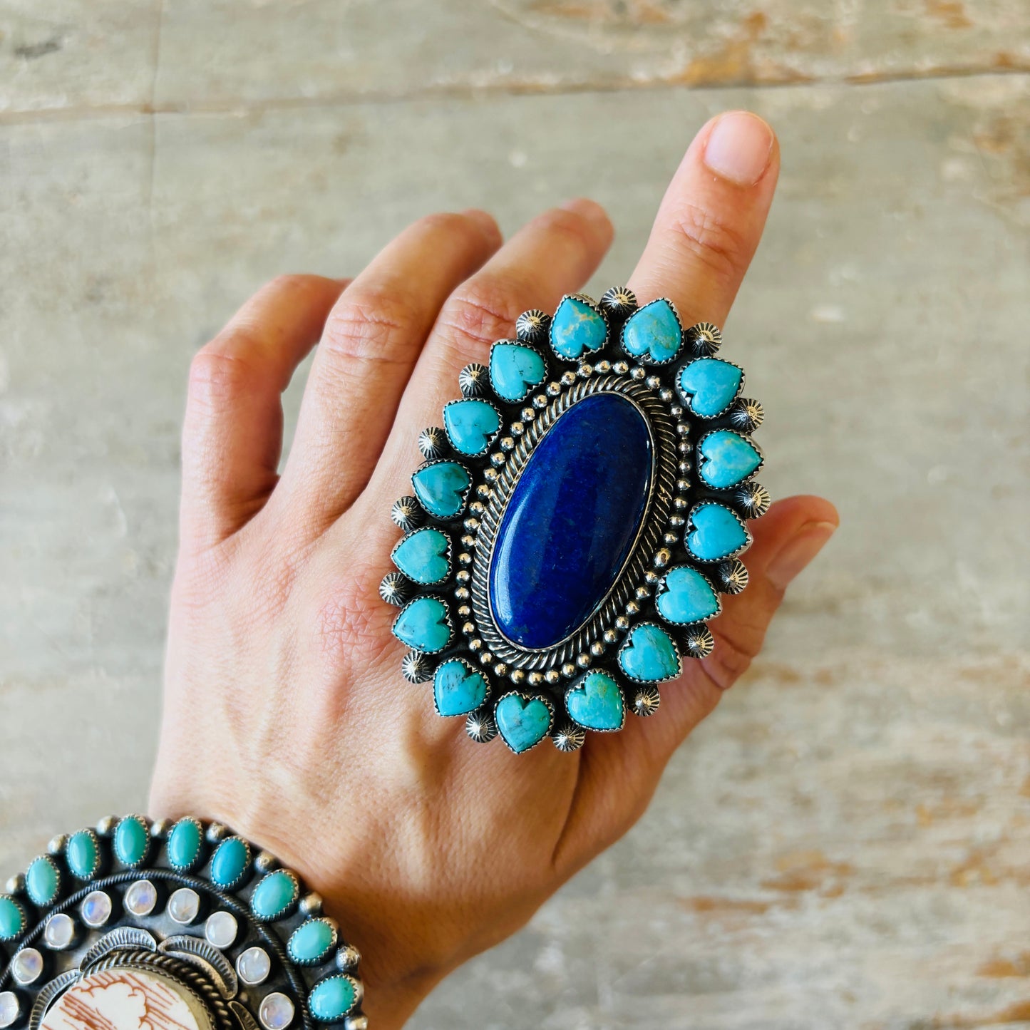 Navajo Hemerson Brown Sterling Silver & Kingman Turquoise Hearts Cluster Ring