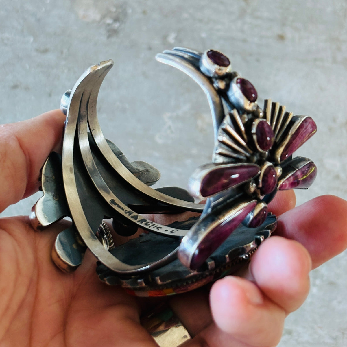 Navajo Marcus Chavez Sterling Silver Multi Stone Dragonfly Cobblestone Cuff