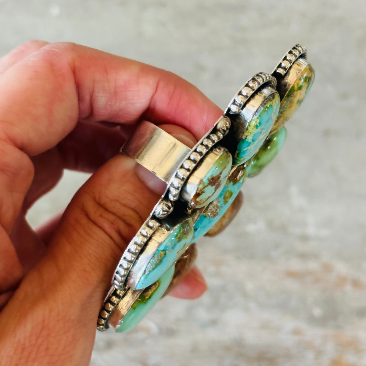 Navajo Hemerson Brown Sterling Silver & Sonoran Turquoise Cluster Statement Ring