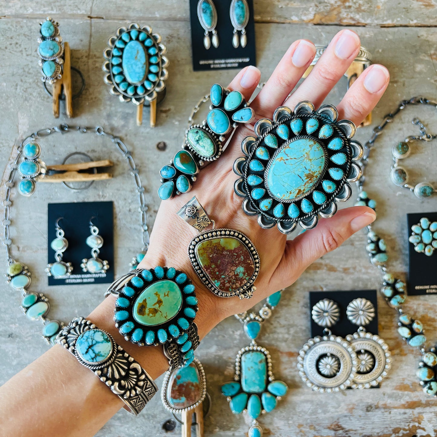 Navajo Hemerson Brown Sterling Silver & Kingman Turquoise Cluster Ring