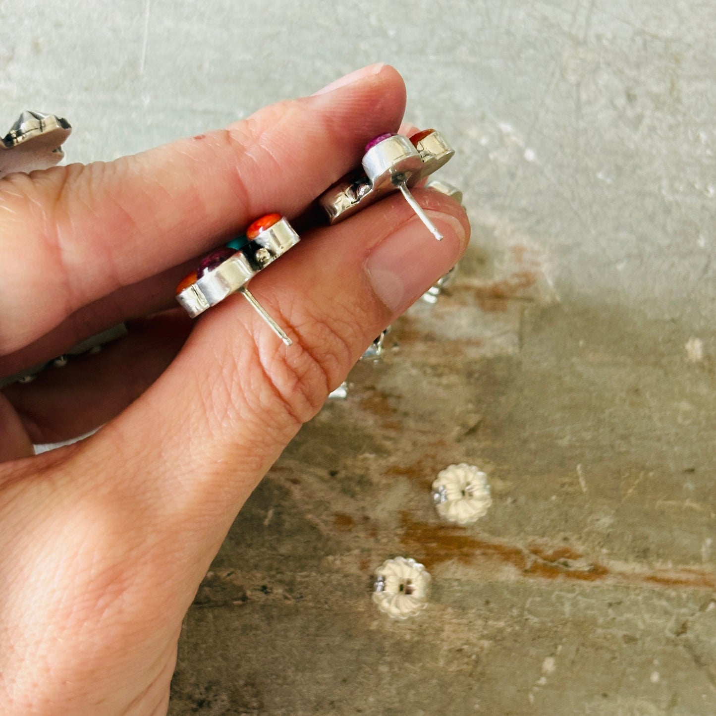 Navajo Jennifer Begay Sterling Silver Multi Stone Fiesta Statement Earrings