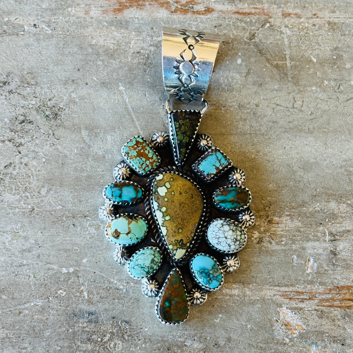 Apache Rosella Paxson Sterling Silver & Multi Turquoise Cluster Pendant