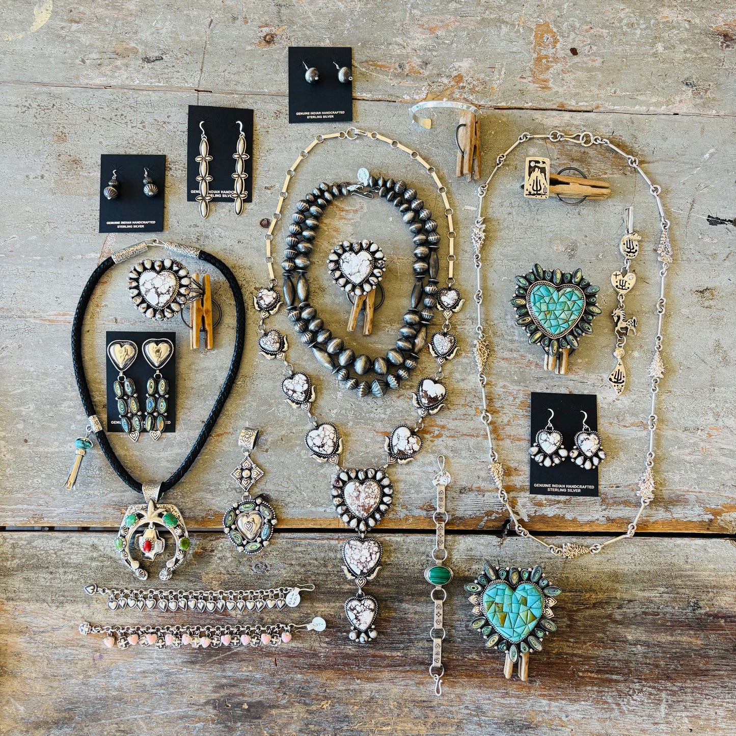 Navajo Hemerson Brown Sterling Silver & Wild Horse Jasper Cluster Heart Earrings