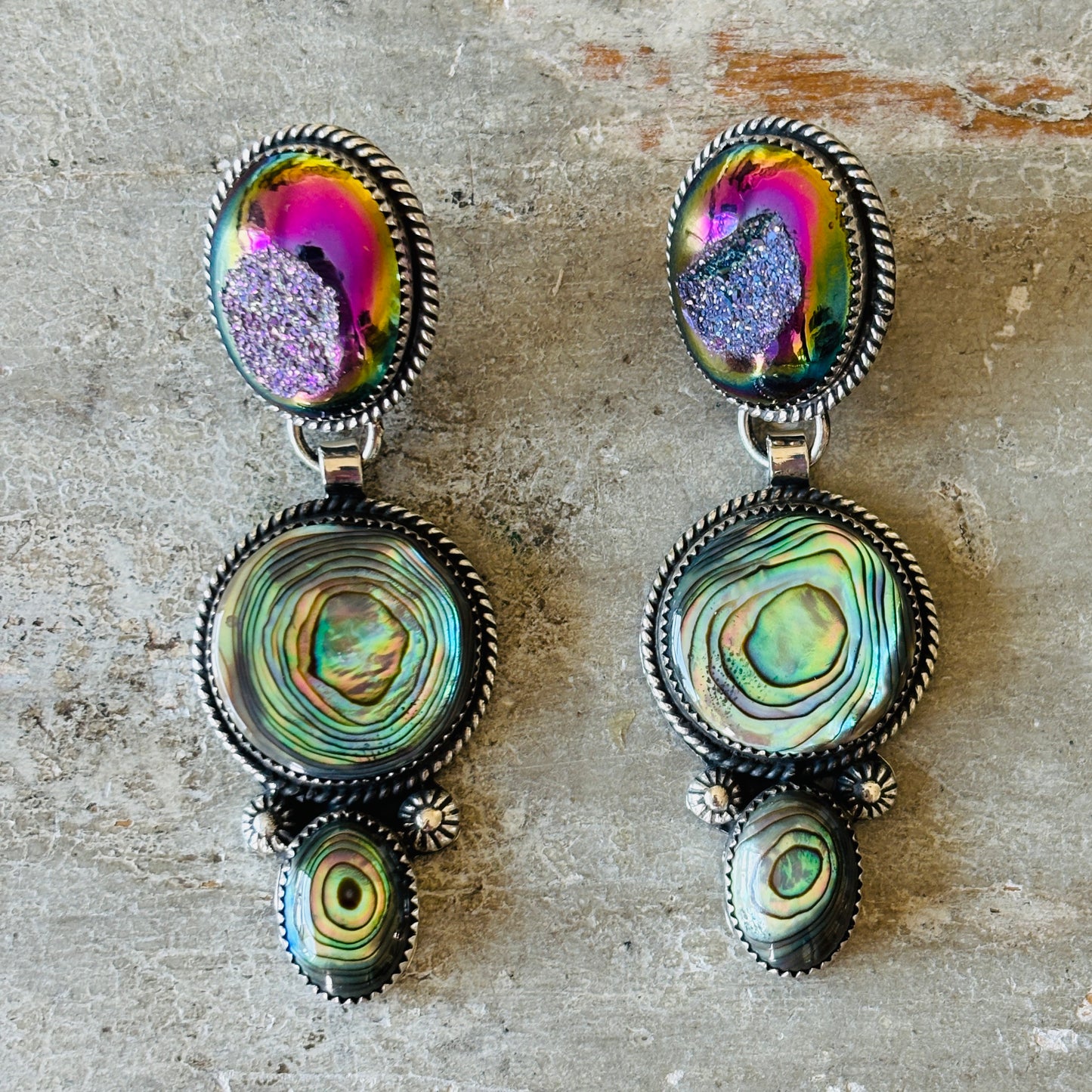 Navajo Hemerson Brown Sterling Silver - Abalone & Druzy Statement Earrings