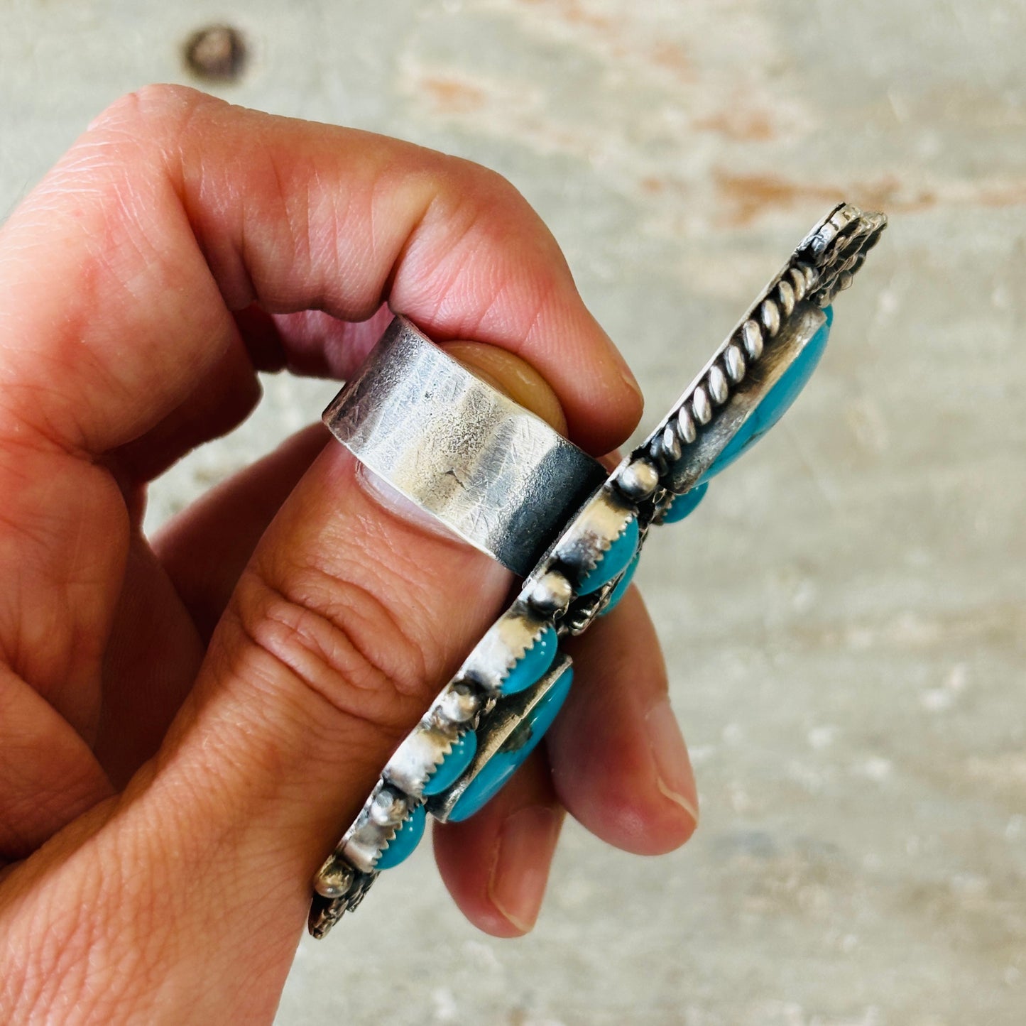 Navajo Kindale Billah Sterling Sterling & Kingman Turquoise Feathers - Hearts Cluster Ring