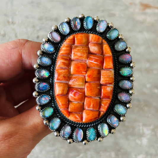 Navajo Hemerson Brown Sterling Silver - Orange Spiny & Coober Pedy Opal Doublets Cluster Statement Ring