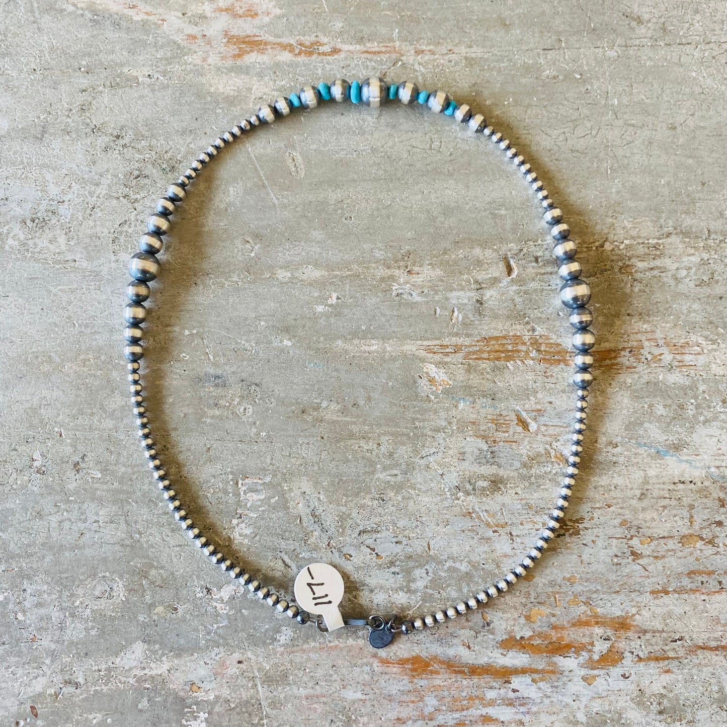 Native Strung Sterling Silver & Turquoise Machine Made Graduated Pearls Necklace