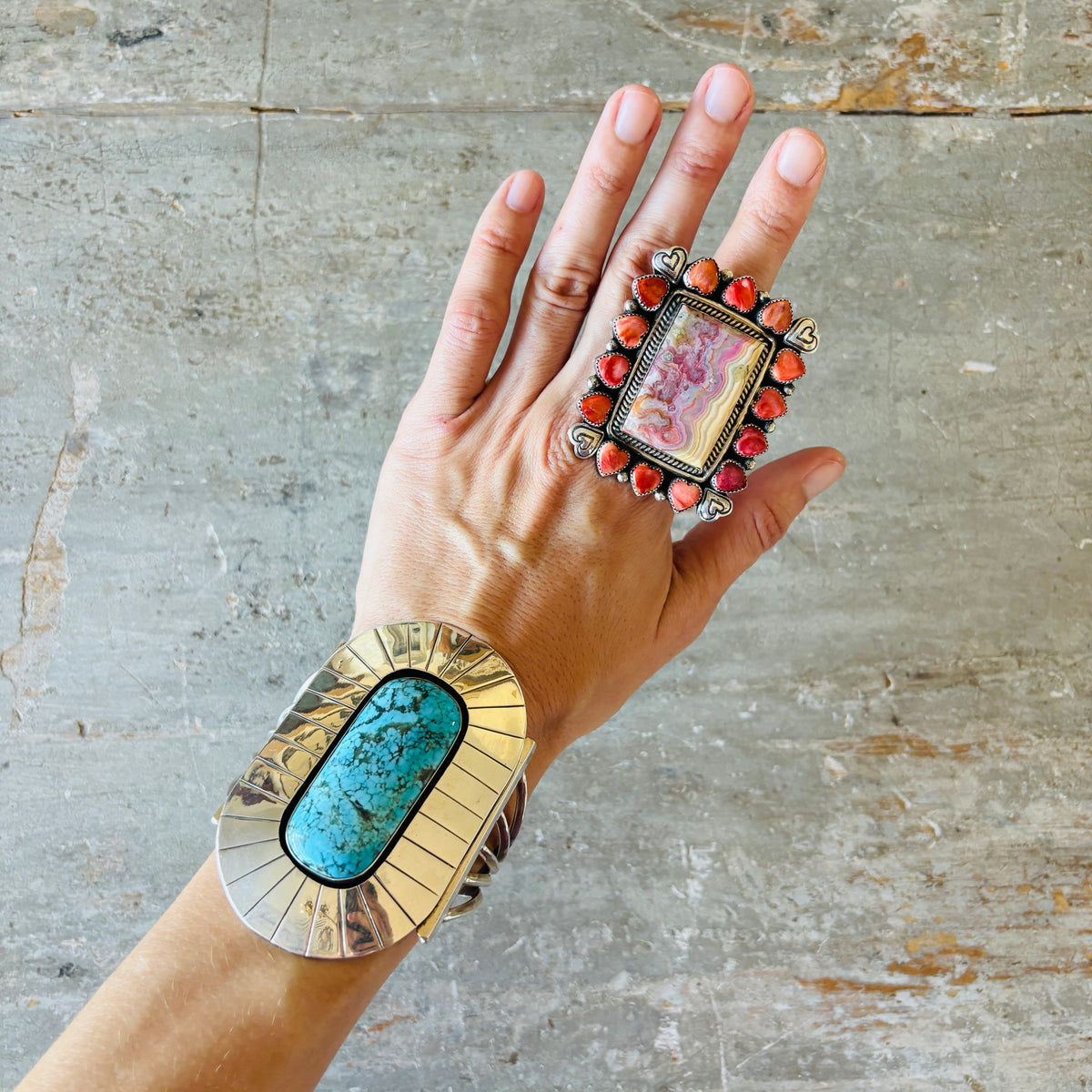Navajo Hemerson Brown Sterling Silver - Red Spiny Oyster & Rainbow Dyed Crazy Lace Agate Hearts Ring